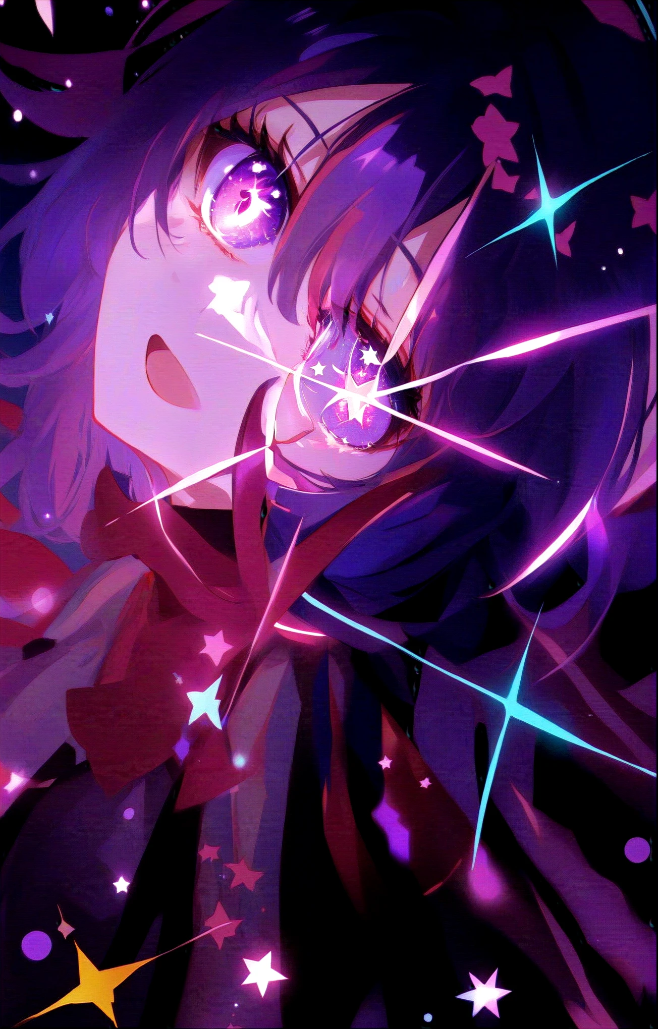 anime girl with purple hair and purple eyes holding a star, anime wallaper, nightcore, anime moe artstyle, anime vibes, magical glowing eyes, anime style 4 k, ufotable art style, anime wallpaper 4 k, anime wallpaper 4k, high quality anime artstyle, with glowing eyes, anime artstyle, in no game no life, anime wallpaper