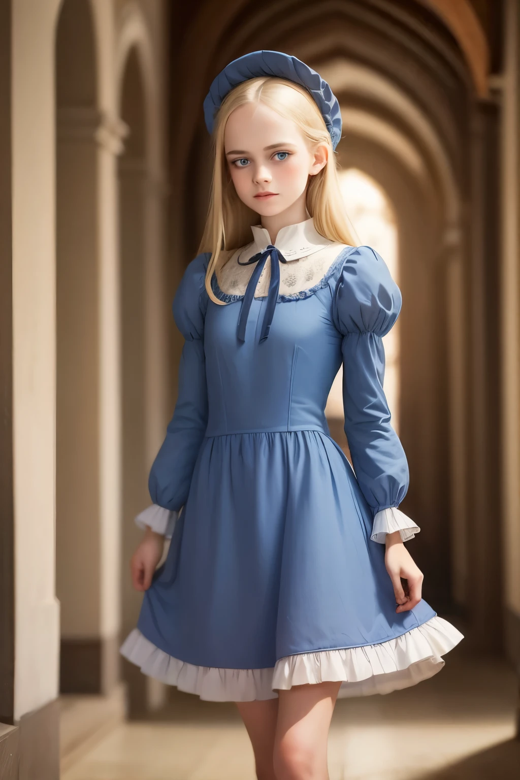 Virginia Otis, 15 years old (blond hair, blue eyes), thin, cute face, walks at night in Canterville Castle (inspired by the novel The Canterville Ghost). aged 1887, Victorian dark fantasy