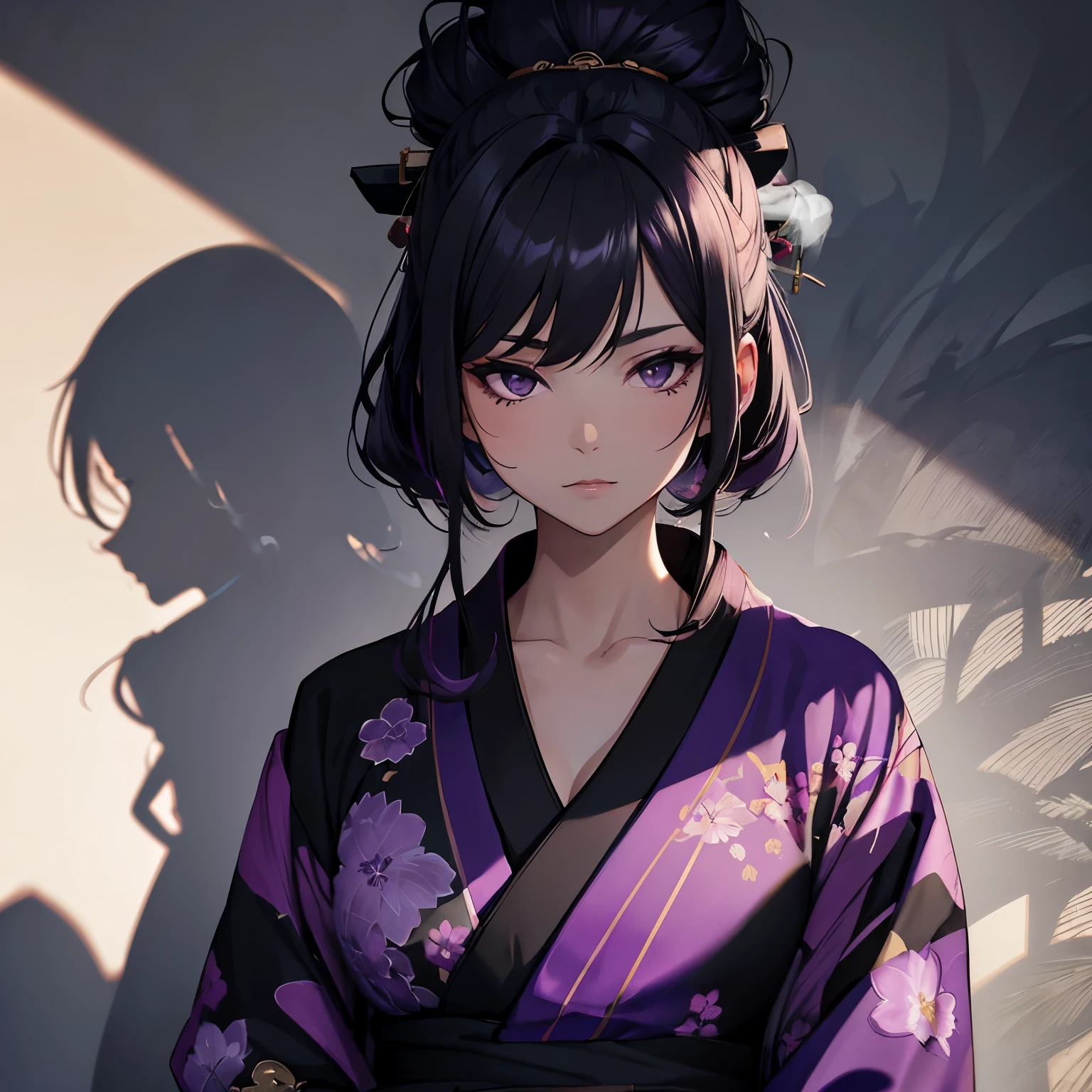 Woman, purple messy hair, ((black kimono)), ((shadow detail masterpiece)), smoke in the background,