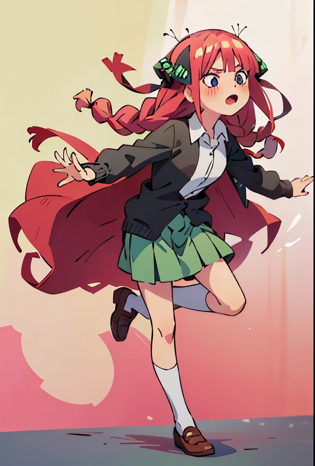 Braided hair, Nino Nakano, long pink braided hair, braids, hair butterfly ribbons, all hair into 2 braids, collared white shirt, green pleated skirt, school uniform, black cardigan, dynamic pose, interesting pose, expressive face, full body,