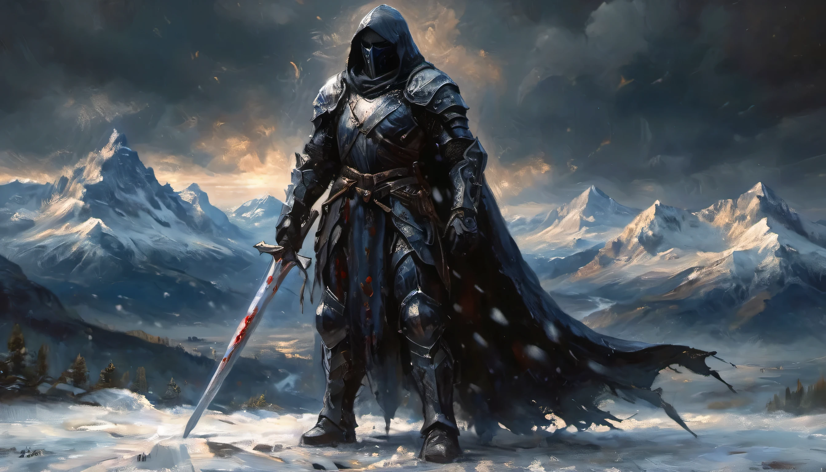 Masterpiece, oil art, black colours with a dark blue shade, full-portrait picture, horror style, black clouds, A picture of an assasin and the snowy mountains in the background, snow floats in the air, strong wind, in black hood, wearing jet black ancient armor, no helmet, human face, long gaze, detailed eyes, in a cape, detailed frost dual swords, holding frost dual swords in his hands, stained with blood, frost aura surrounds his forearms, moving sideways, half of his body horribly wounded, sitting, detailed face, perfect anatomy, well-build massive body, looking at the mountains in the background