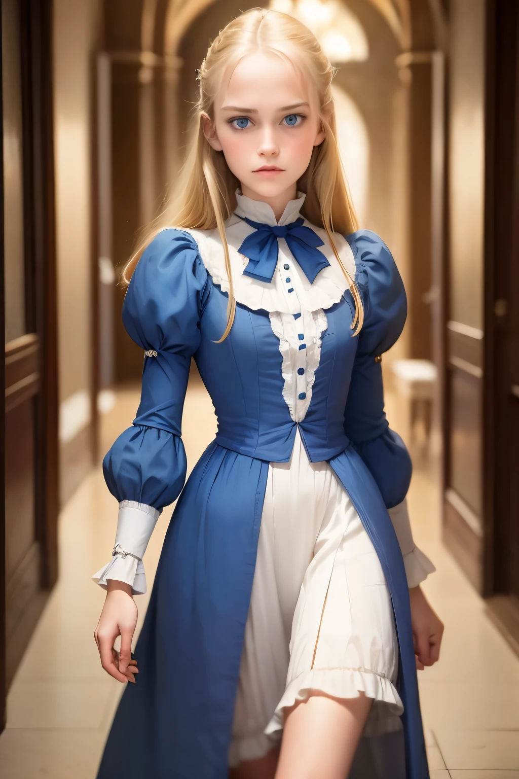 Virginia Otis, 15 years old (blond hair, blue eyes), thin, cute face, walks at night in Canterville Castle (inspired by the novel The Canterville Ghost). aged 1887, Victorian dark fantasy