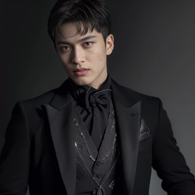 oppav3, (masterpiece, ultra quality, high resolution, 8k, intricate: 1.2), (detailed face:1.2), (wearing black suit:1.5), handsome, detailed skin, pores, absurdres, hunk, 1boy, male focus, ((realistic)), good lighting quality, muscle veins, ((pale skin)), flexing, balanced eyes, brown eyes,


