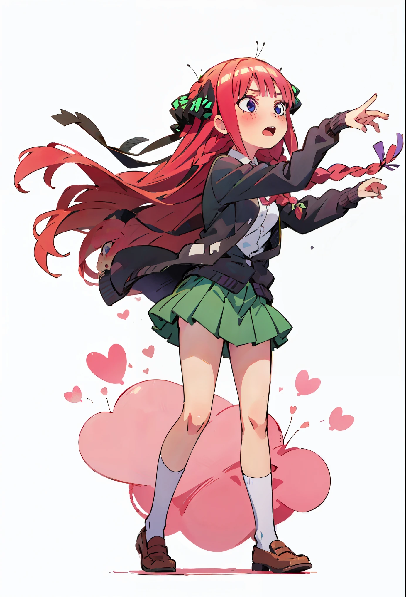 Braided hair, Nino Nakano, long pink braided hair, braids, hair butterfly ribbons, all hair into 2 braids, collared white shirt, green pleated skirt, school uniform, black cardigan, dynamic pose, interesting pose, expressive face, full body,