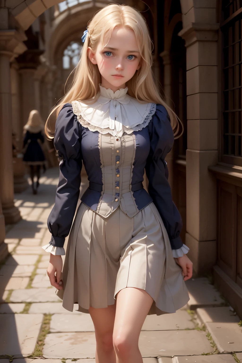 Virginia Otis, 15 years old (blond hair, blue eyes), thin, cute face, walks at night in Canterville Castle (inspired by the novel The Canterville Ghost). aged 1887, Victorian dark fantasy

