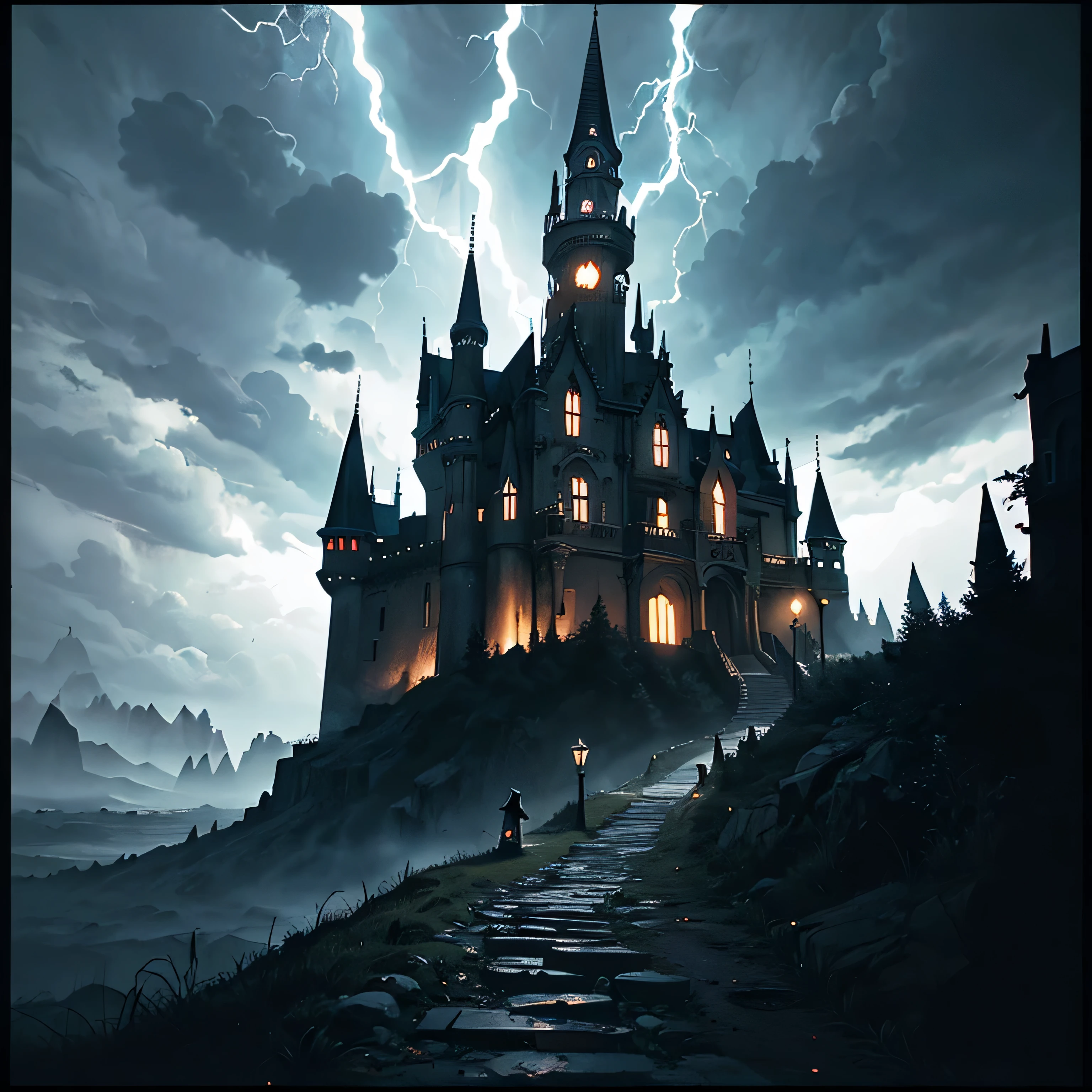 Gothic style castle on a hill in the middle of a storm with a lot of lightning, un camino conduce a la entrada, 1940s horror poster style.. chiaroscuro lighting, cinematographic, gran calidad.