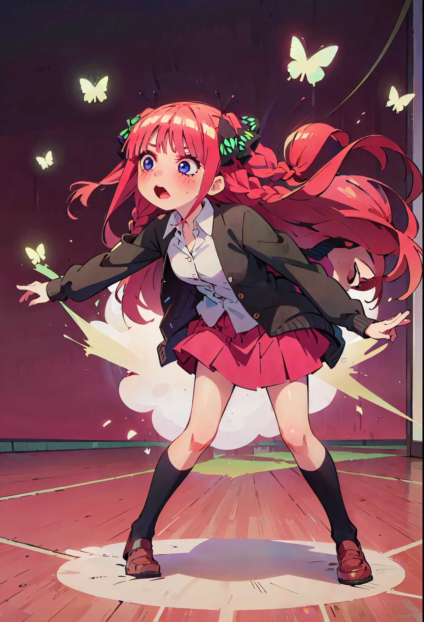 Braided hair, Nino Nakano, long pink braided hair, braids, hair butterfly ribbons, all hair into 2 braids, collared white shirt, green pleated skirt, school uniform, black cardigan, dynamic pose, interesting pose, expressive face, full body,