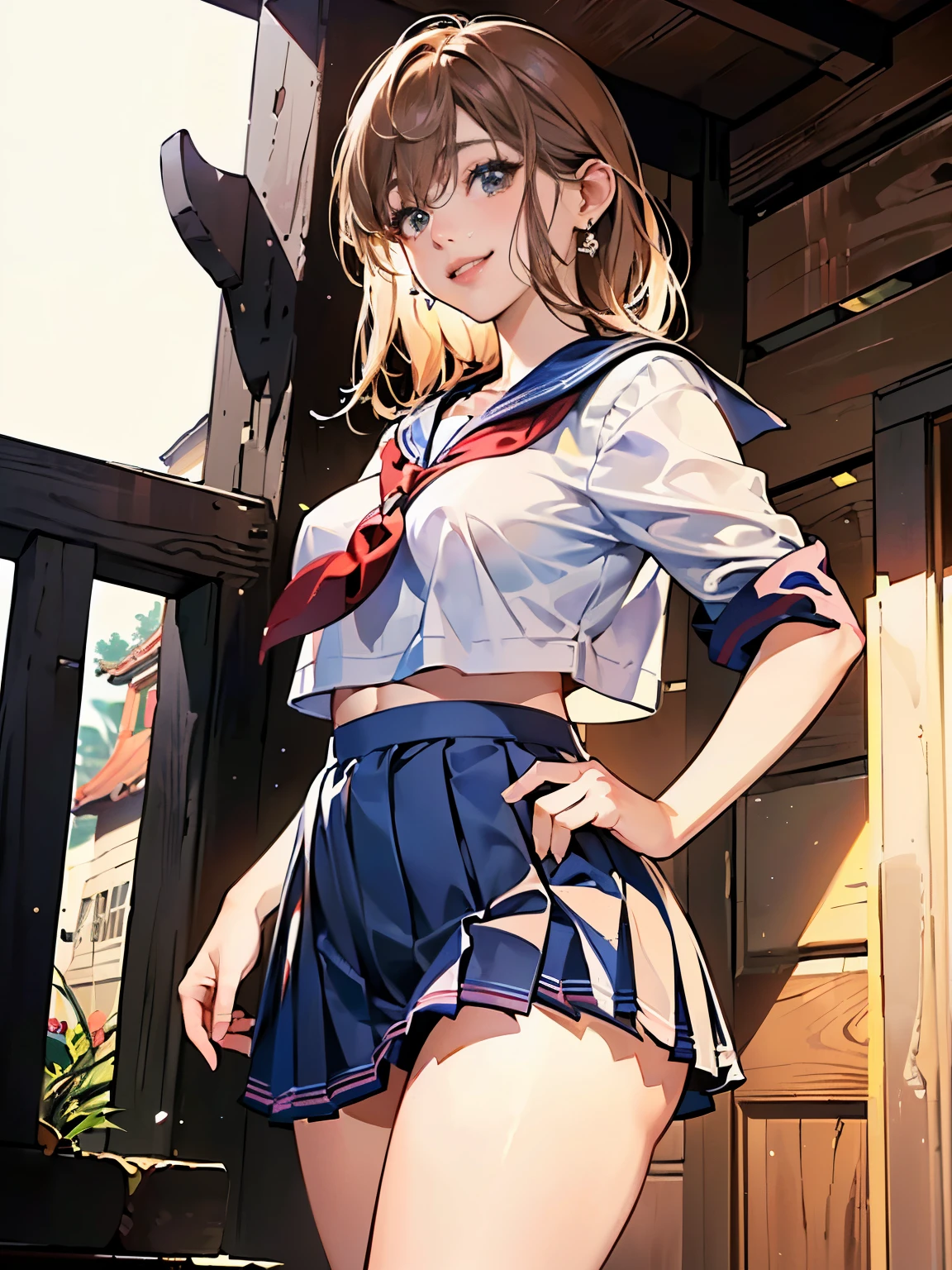 ((((highest quality))))、(((Ultra-precision CG16K wallpaper)))、(((masterpiece)))、(((Super detailed)))、(((super extreme details)))、1people's women、mature woman、24 year old woman、((Japanese face))、((very beautiful face))、((Mai Shiraishi:1.5))、((straight shoulder length hair))、(shiny hair)、bangs up to eyebrows、beautiful brown hair、beautiful delicate eyes、brown eyes、raised eyebrows、high nose、small nostrils、small mouth、seductive lipouth slightly open、beautiful breasts、((C cup size breasts))、cleavage、plump body、(Chubby body type)、perfect proportions、perfect anatomy、perfect composition、beautiful detailed shading、beautiful natural lighting、beautiful detail glow、Depth of the bounds written、soft focus、(((High chroma)))、(((real:1.9)))、((vivid:1.5))、((beautiful skin))、((skin texture))、((realな皮膚感))、(((cowboy shot、Thigh:1.5)))、((Angle seen from below:1.5))、((smile:1.4))、(Eyes looking at me:1.5)、Bright daylight、(((plain background:1.3)))、(model pose:1.5)、(((High school girl wearing sailor suit、pleated miniskirt clothing:1.6)))、((earrings、wearing necklace:1.2))、