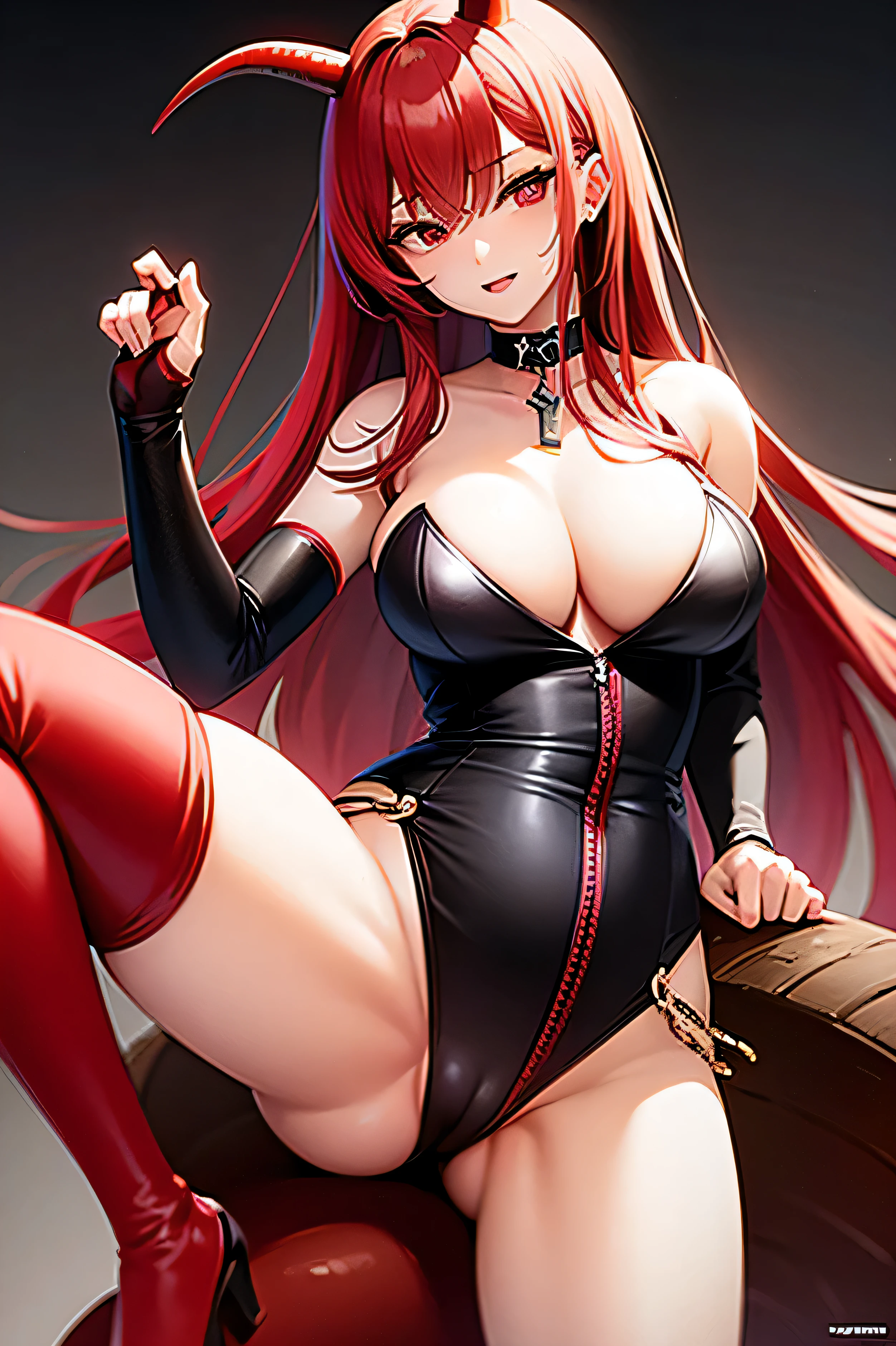 red-haired demoness, In the pose of the rider, rides on a dick, Without clothing, very large breasts,