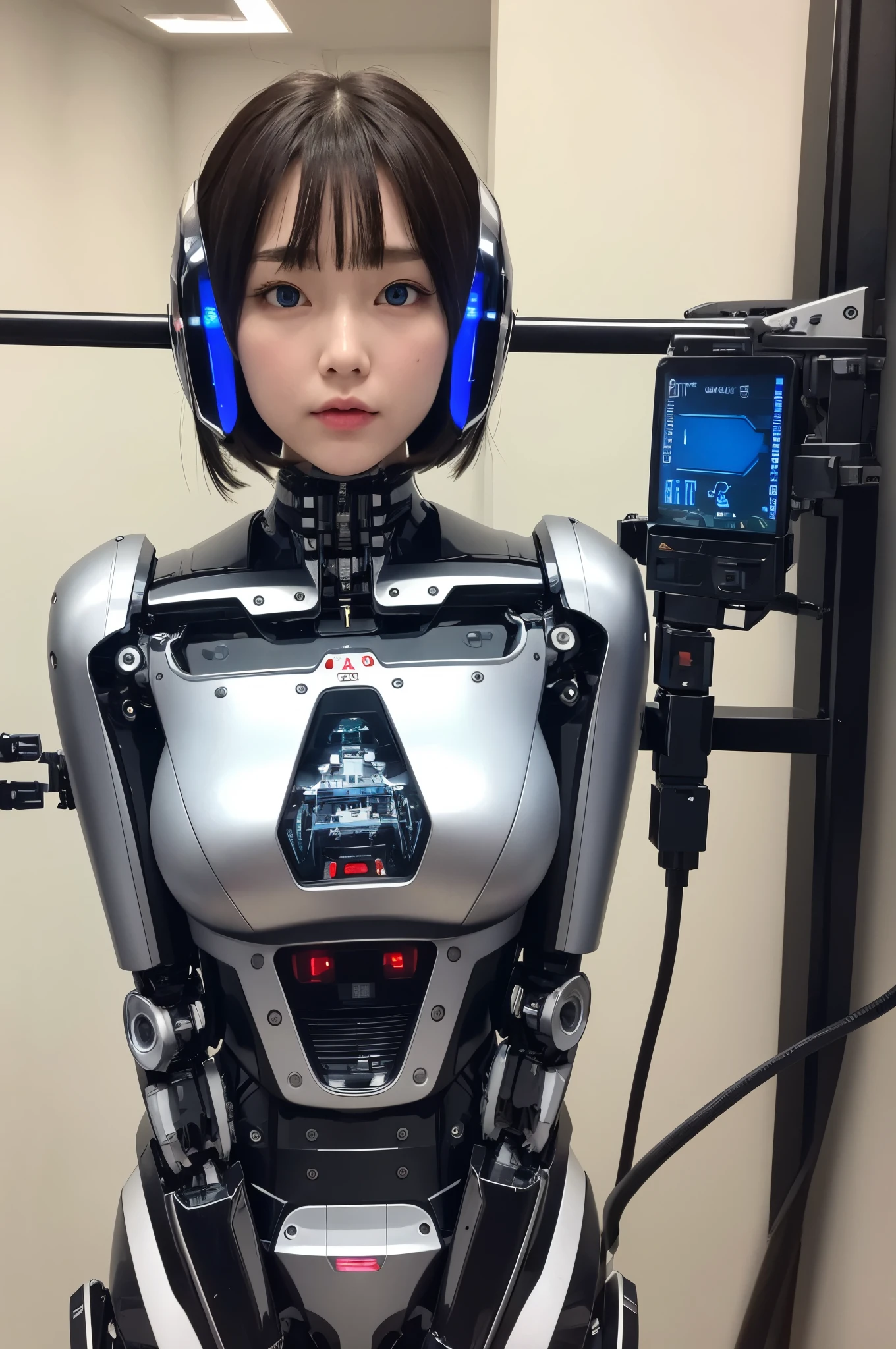 masterpiece, best quality, extremely detailed, Japaese android girl,Plump ,control panels,android,Droid,Mechanical Hand, Robot arms and legs,Blunt bangs,perfect robot girl,long tube,thick cable connected her neck,android,robot,humanoid,cyborg,japanese cyborg girl ,robot-assembly plant,She has assembled now,assembly scene,chest monitor,blue eyes