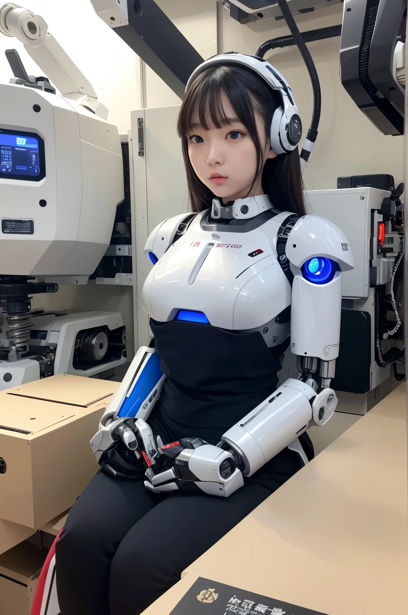 masterpiece, best quality, extremely detailed, Japaese android girl,Plump ,control panels,android,Droid,Mechanical Hand, Robot arms and legs,Blunt bangs,perfect robot girl,long tube,thick cable connected her neck,android,robot,humanoid,cyborg,japanese cyborg girl ,robot-assembly plant,She has assembled now,assembly scene,chest monitor,blue eyes