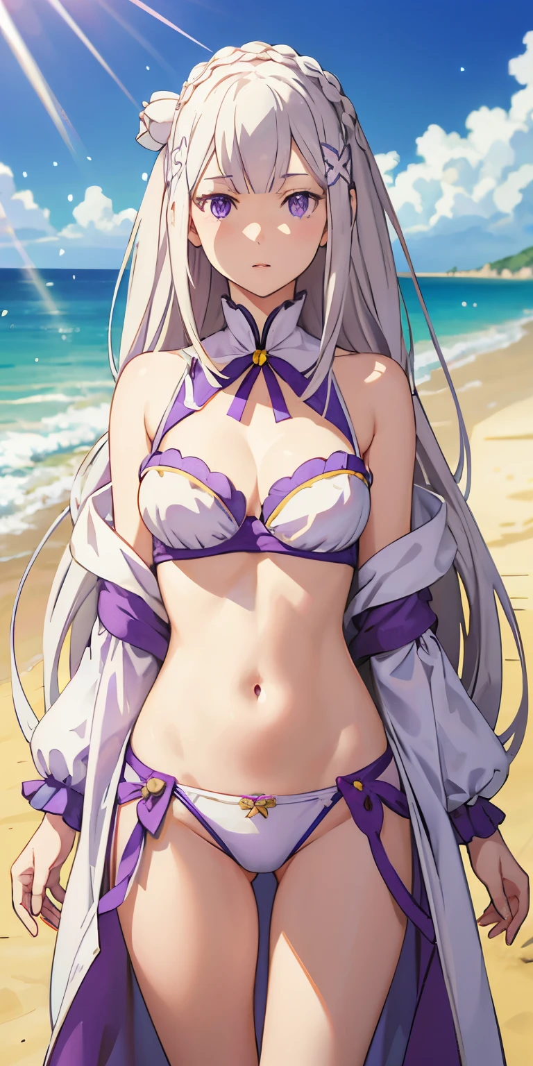 realistic, 1girl, Emilia re:zero, crown braid, flower hair ornament, x hair ornament, white hair, long hair, purple eyes, bikini, beach, light particles, light rays, wallpaper