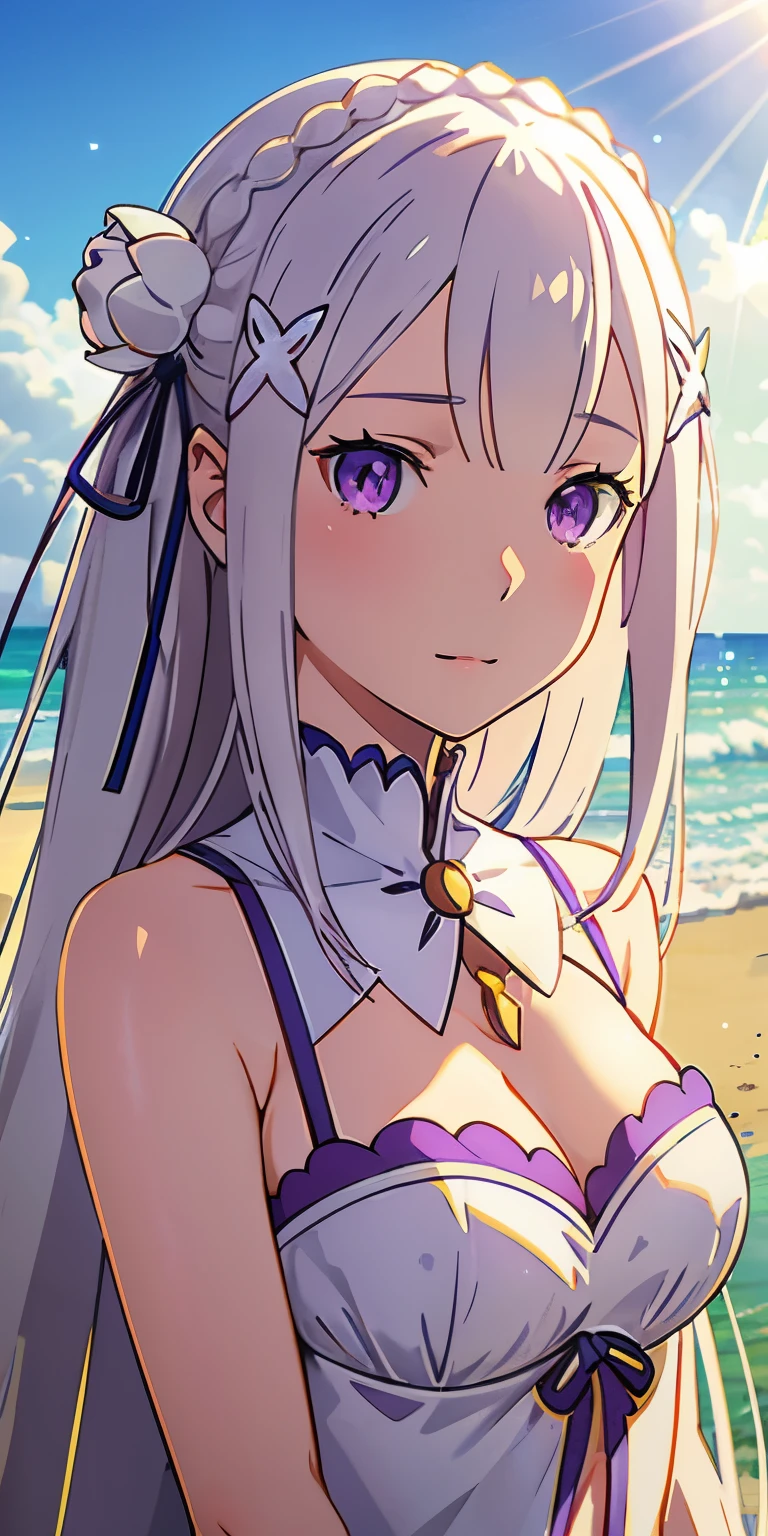 realistic, 1girl, Emilia re:zero, crown braid, flower hair ornament, x hair ornament, white hair, long hair, purple eyes, bikini, beach, light particles, light rays, wallpaper