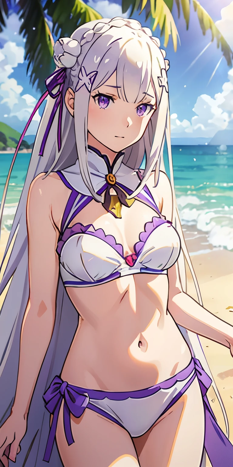 realistic, 1girl, Emilia re:zero, crown braid, flower hair ornament, x hair ornament, white hair, long hair, purple eyes, bikini, beach, light particles, light rays, wallpaper