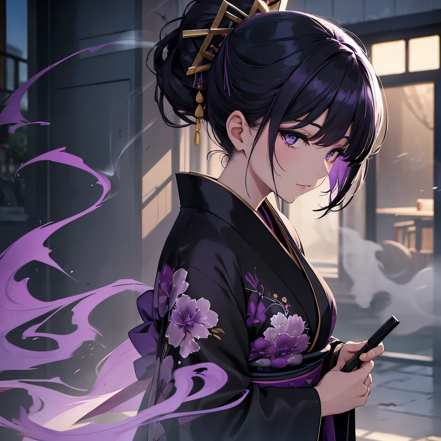 Woman, purple messy hair, ((black kimono)), ((shadow detail masterpiece)), smoke in the background,