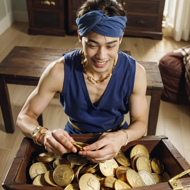 masterpiece, best quality, 1boy, solo, LockeCole happy, smile, sleeveless blue vest, blue headband, grey hair, looking at viewer, jewelry, holding a treasure chest, in a room full of (gold coins), falling gold coins, treasure chest, gems, jewelry