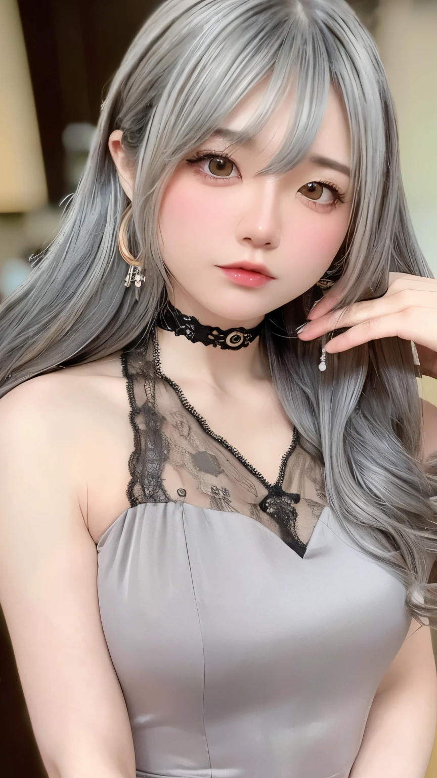 8k, RAW photo, fujifilm, Beautiful 20 year old woman style photo, (((gray hair:1.3,美しいgray hairのストレートヘアー、シルキーなgray hair)))、 red rose on neck, wearing a red and black lace dress:1.5, gold earrings, Powerful features such as rotating pigeons, (highly detailed skin: 1.2), light medium brown hair, film grain, 35mm, cute style