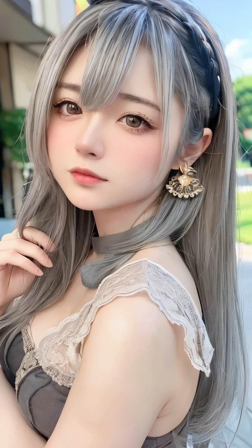 8k, RAW photo, fujifilm, Beautiful 20 year old woman style photo, (((gray hair:1.3,美しいgray hairのストレートヘアー、シルキーなgray hair)))、 red rose on neck, wearing a red and black lace dress:1.5, gold earrings, Powerful features such as rotating pigeons, (highly detailed skin: 1.2), light medium brown hair, film grain, 35mm, cute style