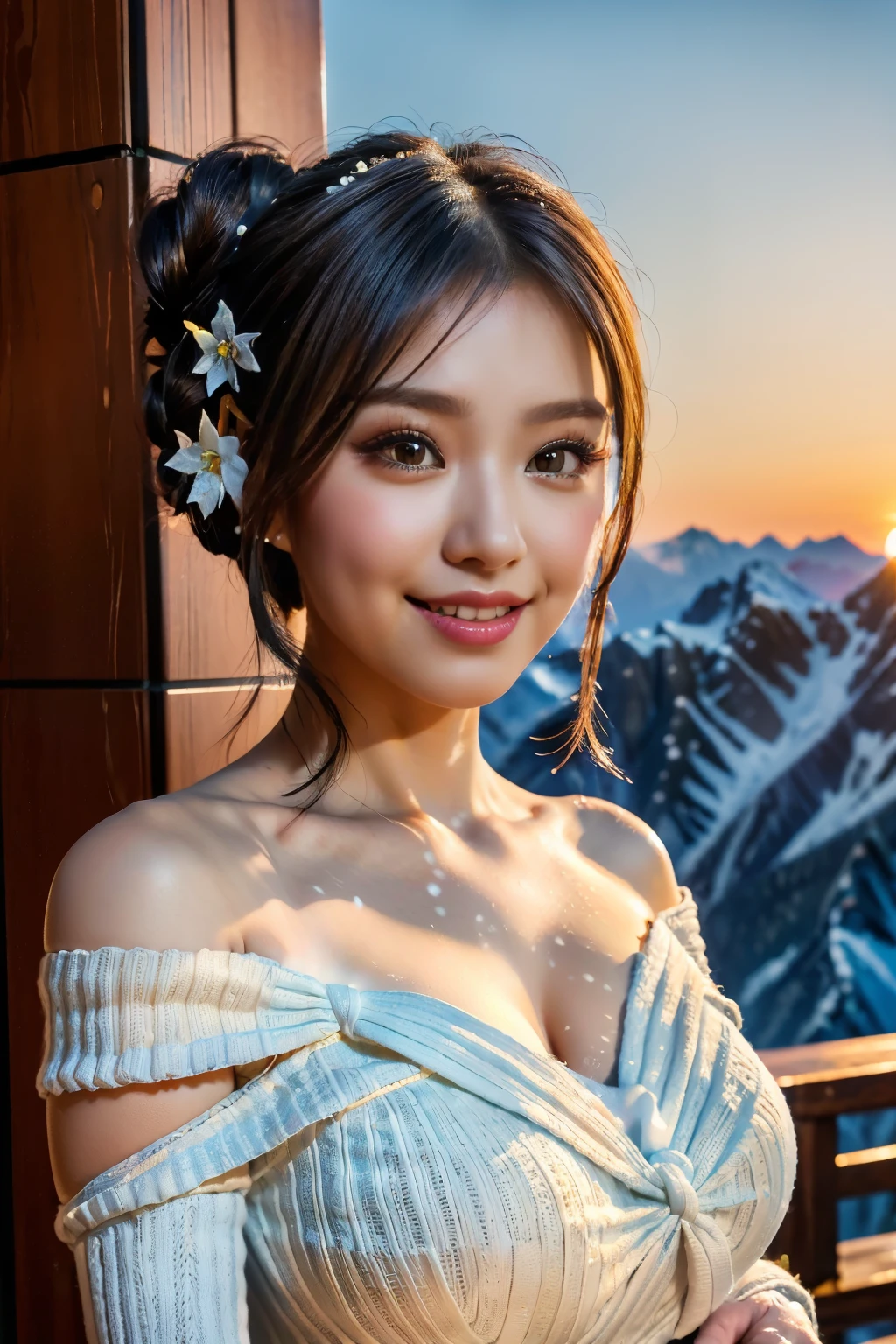 (masterpiece, best quality:1.2), ((((((solo)))))), ((((((1girl)))))), ((looking at camera)), hazel eyes, a smile on the face, royal and lusty look, standing posing like a professional model for a photoshoot, ((((Huge Boobs)))), perfect composition and light, hyper realistic skin texture, super background decorations detailed, 8k, high quality, trending art, trending on art station, photo, intricate details, highly detailed, (((((Cropped Breast Wear))))), ((((Snow Boarding background)))), (((wearing a bright colour Saree with designs and patterns with sleeves))), (((((big sexy body shape))))), ((((Snow Boarding background behind her)))), (((Portrait Fashion Photo))), hair bobbles, wince, solid circle eyes, light smile, ear blush, fang, ccurate, makeup, hairband, ((double bun)), Surrealism, drop shadow, anaglyph, stereogram, tachi-e, pov, atmospheric perspective, glowing light, backlighting, ray tracing, image fill, anaglyph, stereogram, scanlines, speed lines, silhouette, vignetting, 8k, super detail, best quality