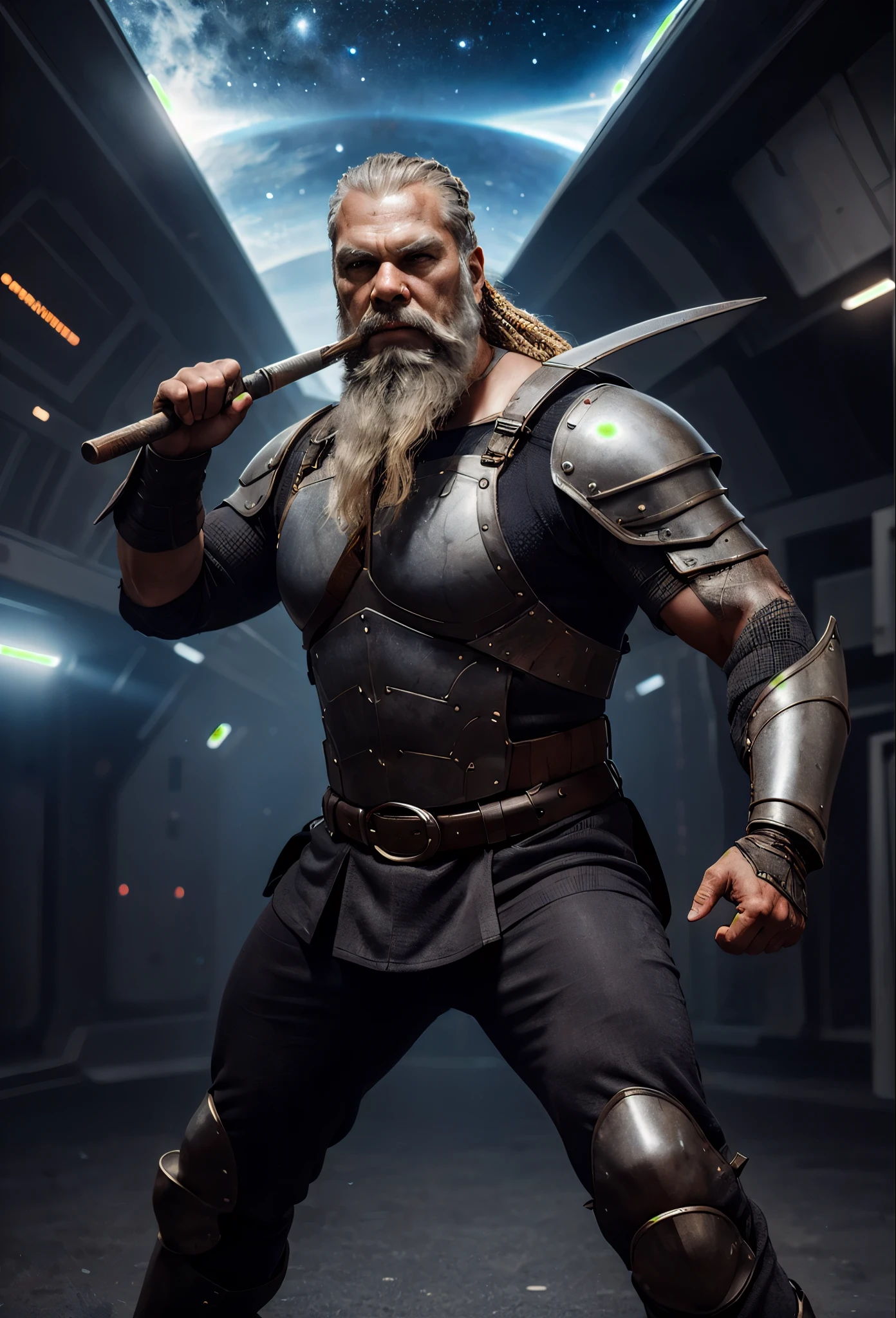 modelshoot of middle aged black bearded viking, scifi battle armour, fighting pose, futuristic background, highly detailed, spaceships in background.