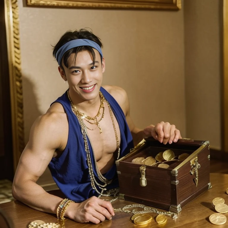 masterpiece, best quality, 1boy, solo, LockeCole  happy, smile, sleeveless blue vest, blue headband, grey hair,  looking at viewer, jewelry, holding a treasure chest,  in a room full of (gold coins), falling gold coins, treasure chest, gems, jewelry , bodybuilder  , sexy , nsfw , eroticism

