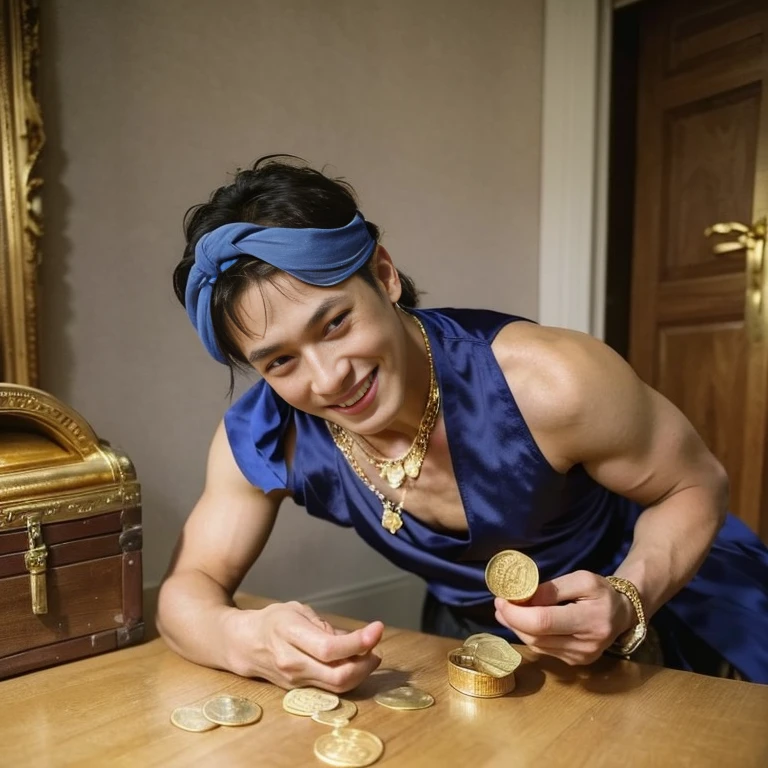 masterpiece, best quality, 1boy, solo, LockeCole  happy, smile, sleeveless blue vest, blue headband, grey hair,  looking at viewer, jewelry, holding a treasure chest,  in a room full of (gold coins), falling gold coins, treasure chest, gems, jewelry , bodybuilder  , sexy , nsfw , eroticism
