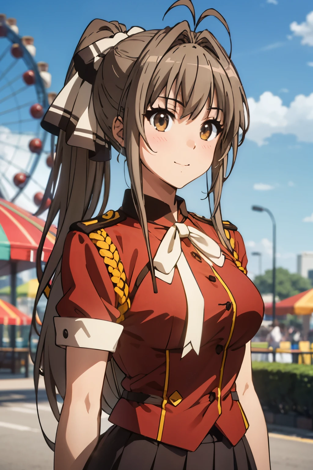 (anime style),isuzu summer uniform,cent vest, red shirt, No sleeve, Needle, epaulettes, white ribbon, black skirt,((amusement park)), High resolution, highest quality, (masterpiece:1.2), very detailed、isuzu sento、 alone、closed mouth、light smile、 brown hair、brown eyes、long hair、antenna hair、ponytail、hair ribbon、random pose、(blush、light in the eyes、eye highlights)、Cover the entire subject、look at the audience、blur the background