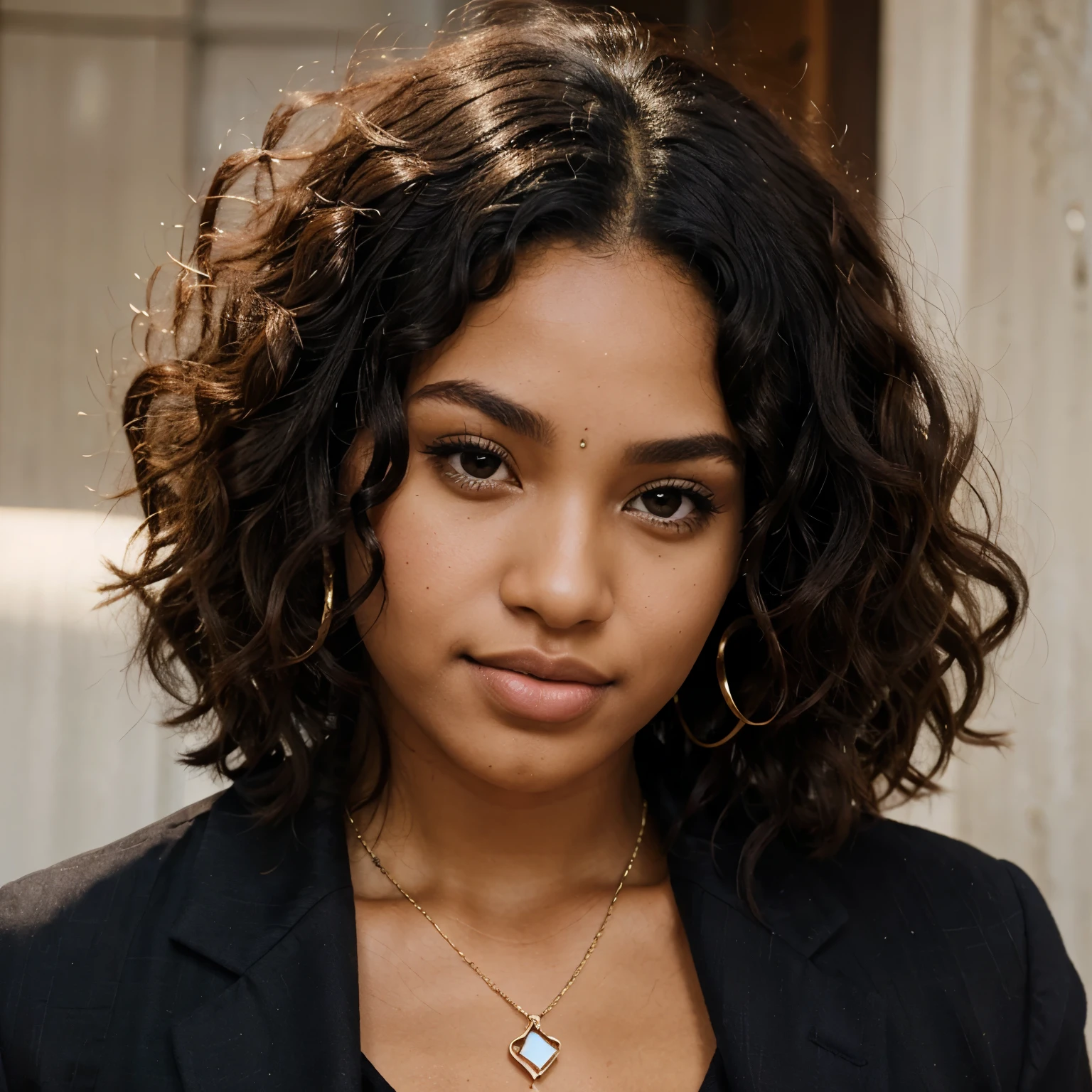 Beautiful black woman aged 22 x curly hair and brown eyes with a nose piercing well dressed