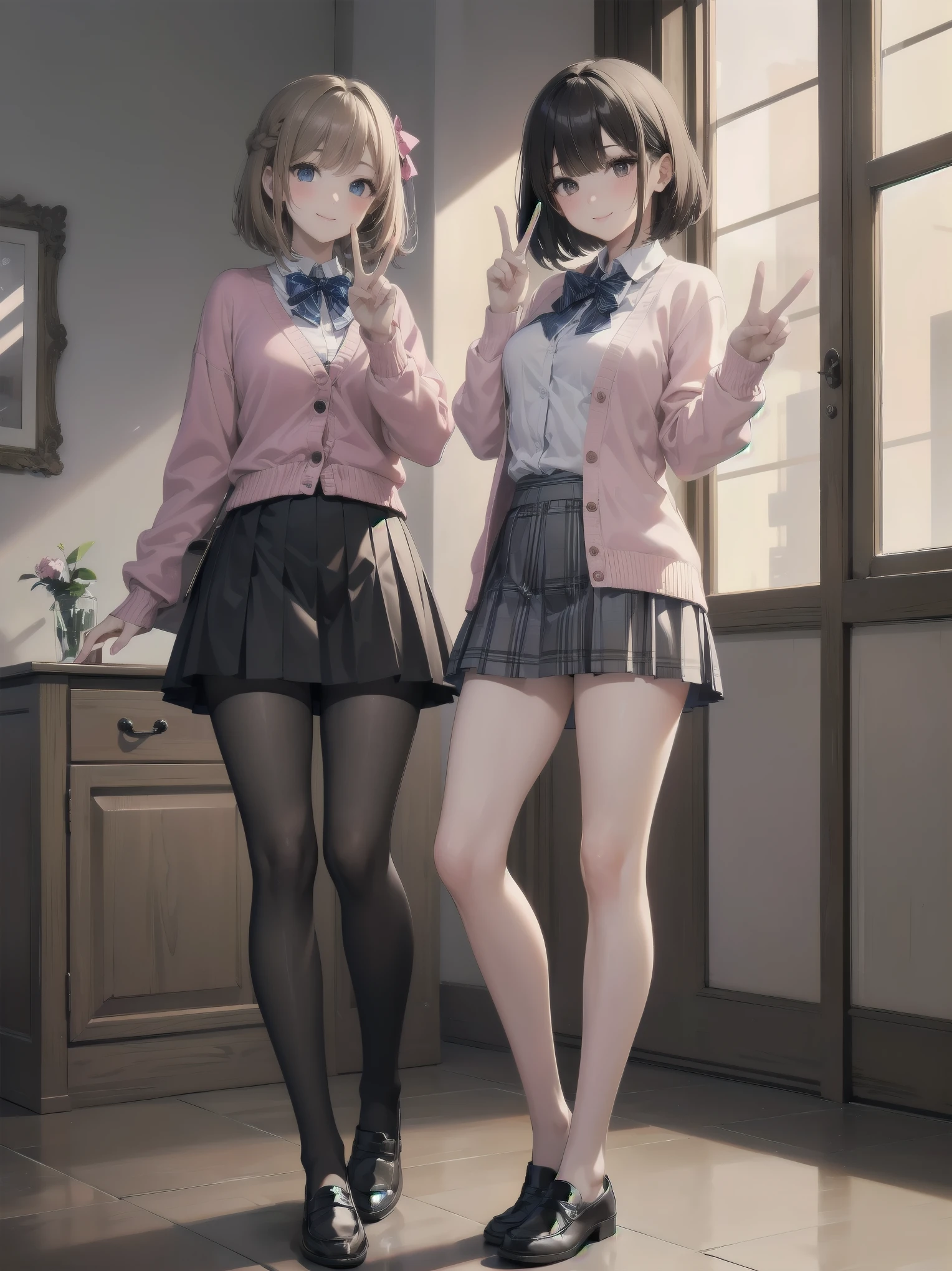 (Ultimate masterpiece), (Superb quality), (Ultra-detailed), High resolution, Ultimate beauty, High saturation, Vivid,.
1 beautiful girl,(cute girl),(thighs, black tights),(loafers),(pink cardigan),(gingham check priss skirt),.
Super smile, brown hair, one length bob cut braided, hair ribbon, (standing, dynamic pose), ((✌️)), (making peace sign next to face), prestigious private girls high school, indoor background,
Uniform fashion magazine shoot, professional shading, best illustration of her looking pretty.