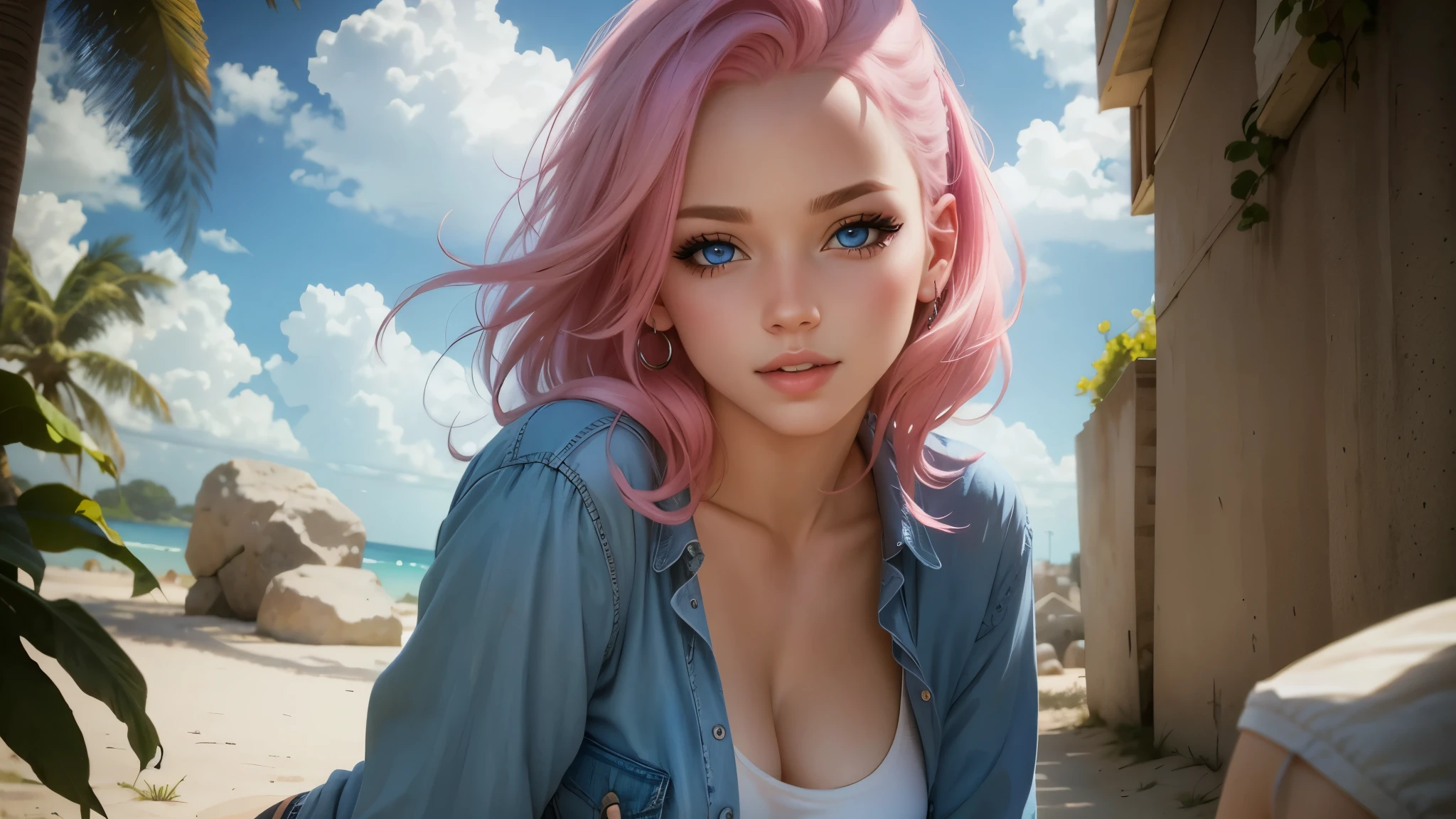 solo girl pink hair sparkling blue eyes in summer clothes, t-shirt, making as if she wants to kiss you, (girl bending down looking at the camera), medium breasts, cleavage, random background, flirtatious look, ((very detailed)), (perfectly detailed face), (well detailed hand) photorealistic image.