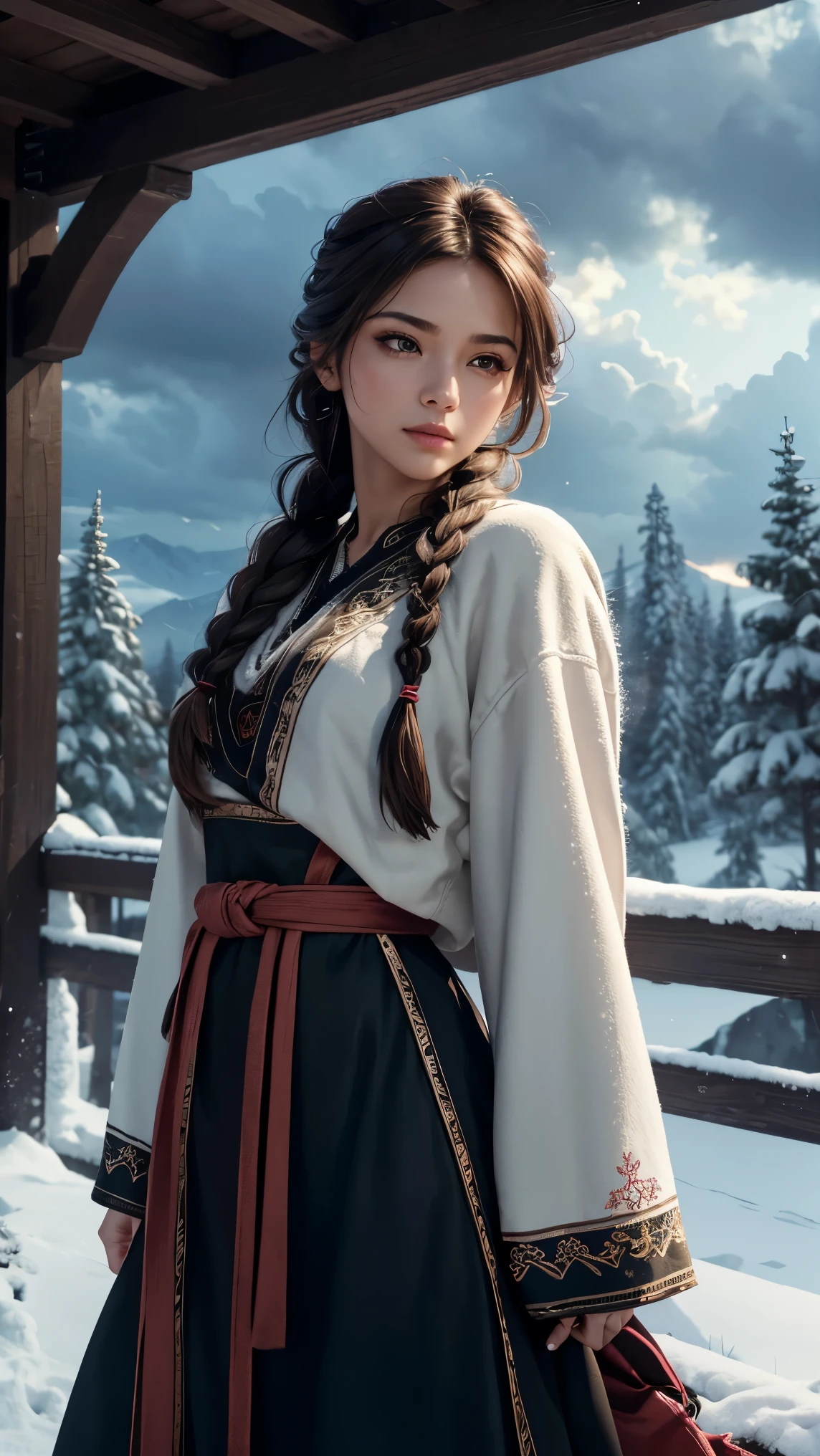 shenhedef, upper body, seductive look, blush, outdoors, snowflake scenery, looking at viewer, cloudy, moody lighting, (perfect detail eyes:1.2), glowing eyes, (long hair one braid:1.2), elemental skill effect, (Masterpiece, Best Quality, High Quality:1.4), professional artwork, Intricate Details, field of view, sharp focus, detailed painting, photorealistic lighting, trending on pixiv, (vivid lighting, vibrant colors:1.05), realistic shadows, ambient occlusion, (athletic body:1.3), mature woman, 30yo,