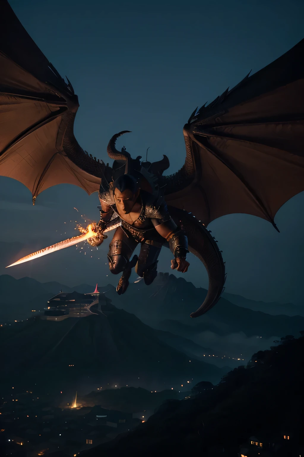 Chinese Blue Male Dragon Flying, asas lindamente detalhadas, black steel armor, cabelo cacheado, European sword in hand. Corpo masculino inteiro. Sombrio. epic. Homem misterioso. Dragon Wings. Cristais e pedras azuis, mystical and brilliant. Fundo cidade incendiada anoitecer, luzes cintilantes. cinematographic. Pele masculina.