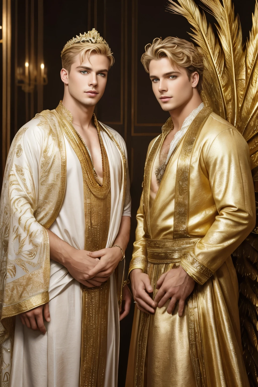 Ultra-realistic cinematic image, 8k A imagem mostra dois homens posando para a foto. Both are wearing gold tiaras and white-furred peacocks., sugerindo uma atmosfera regia ou de luxo. The man on the left has blond, wavy hair., while the man on the right has shorter, darker hair. Both are dressed in clothes that appear to be made of canvas or high-quality fabric., com detalhes que parecem ser de ouro ou metal brilhante. The background is blurred, mas parece ser um ambiente interno com uma luz suave que ilumina os rostos dos homens. The men's pose is serious and confident, with eyes straight into the camera.