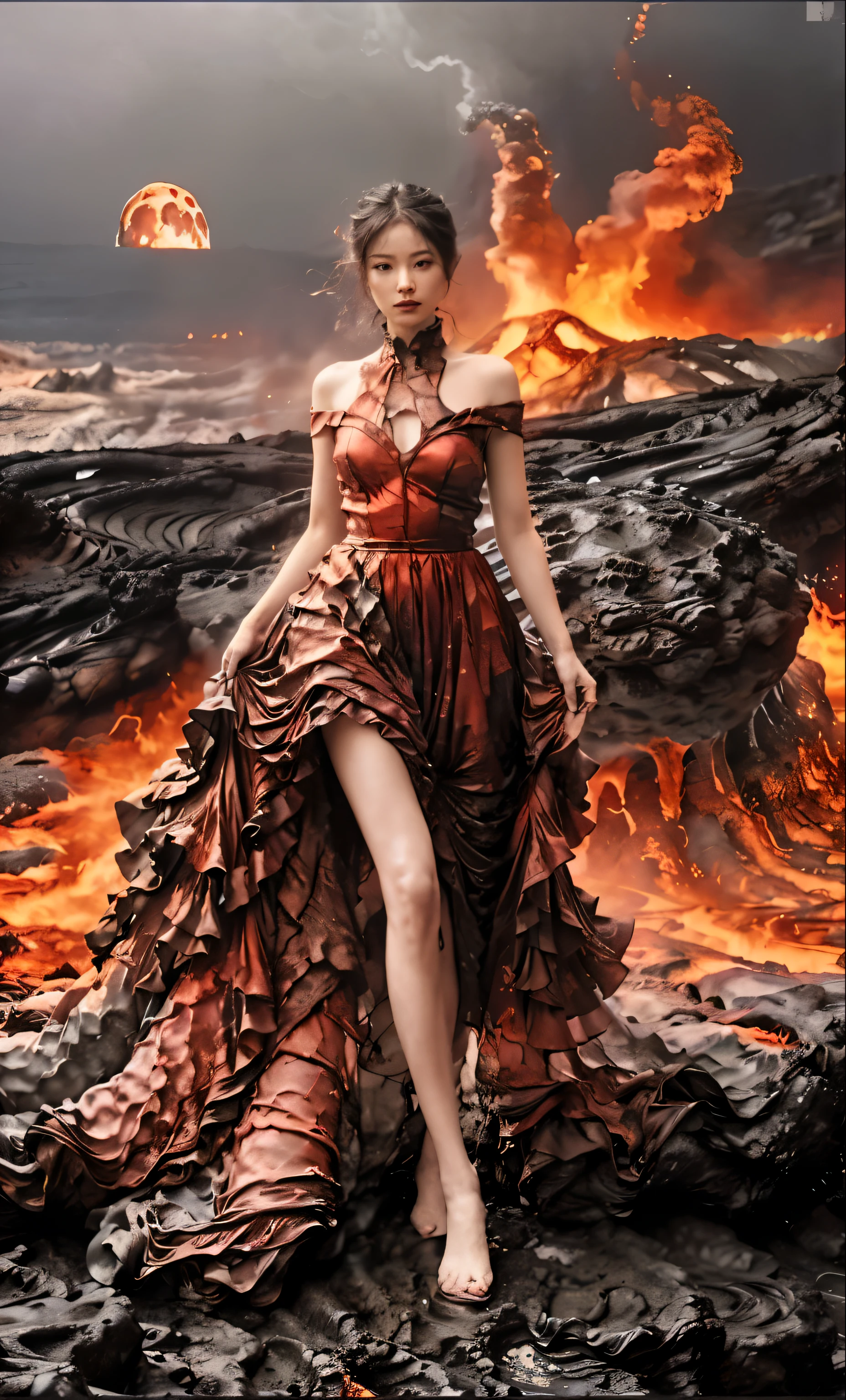 a woman in a dress is standing on a rock with fire, dress made of fire, fire dress, full dress of lava showcase, karol bak uhd, lava and fire goddess, fantasy dress, fantasy style clothing, style of karol bak, made of lava, fantasy art behance, flames surround her, goddess of fire, her body made of flames