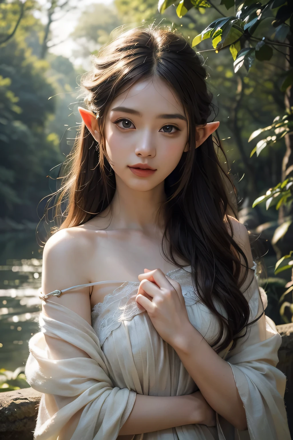 elf portrait,enchanting beauty,fantasy,fantastic shine,pointy ears,delicate features,elegant long hair,nature themed clothing,mysterious atmosphere,soft lighting,calm表情,in harmony with nature,subtle magical elements,calm,intricate jewelry,dreamy quality,pastel colour,state of nakedness,big breasts,lure