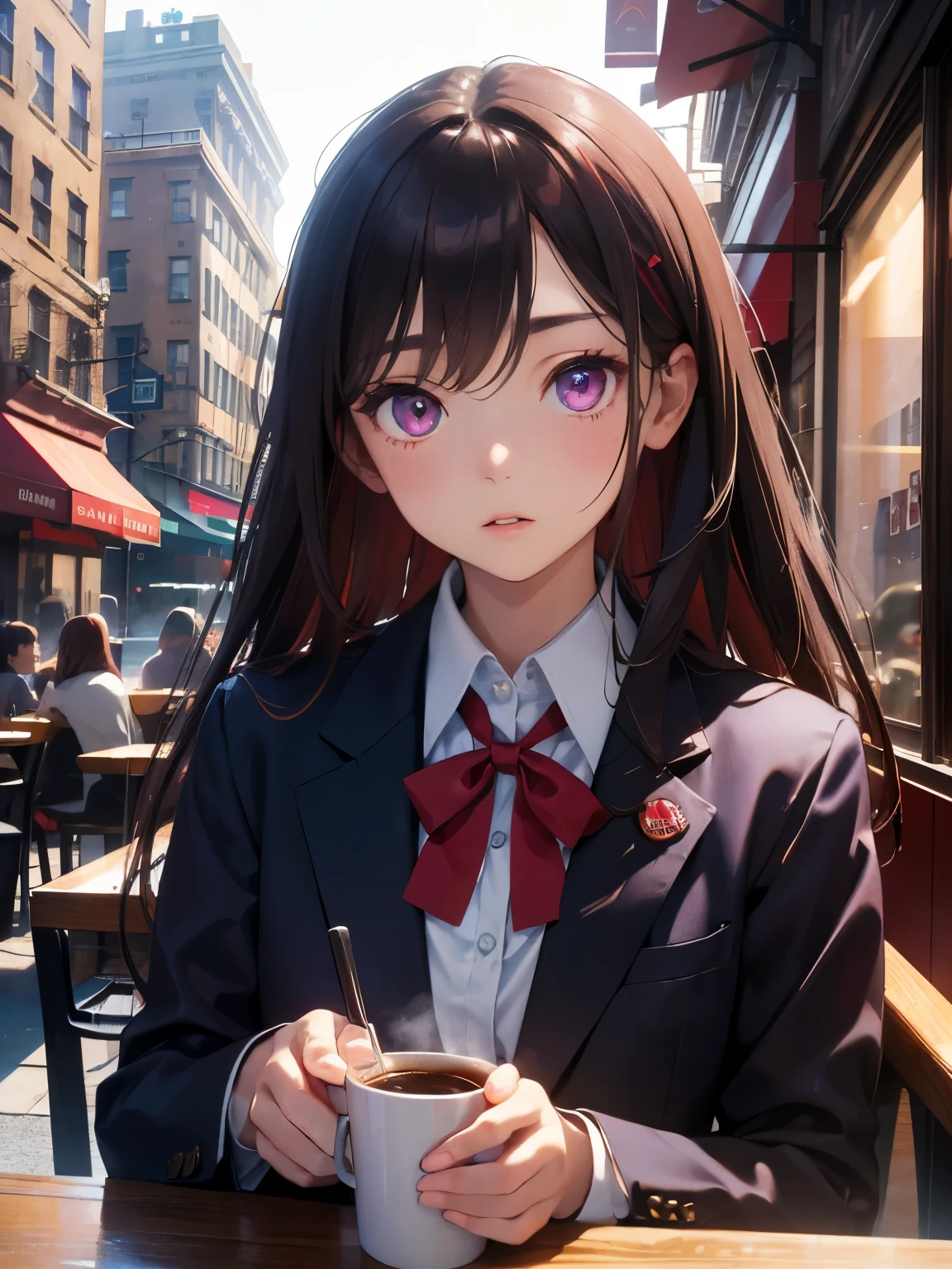 Cafes in New York、drinking coffee on the outdoor terrace、highest quality, 20 year old woman,Shadow, brown long hair、Red ribbon on dark blue blazer school uniform、red-purple eyes、,Upper body,random reflections,natural skin texture,Face looking up,drooping corners of the eyes,soft light,sharp,