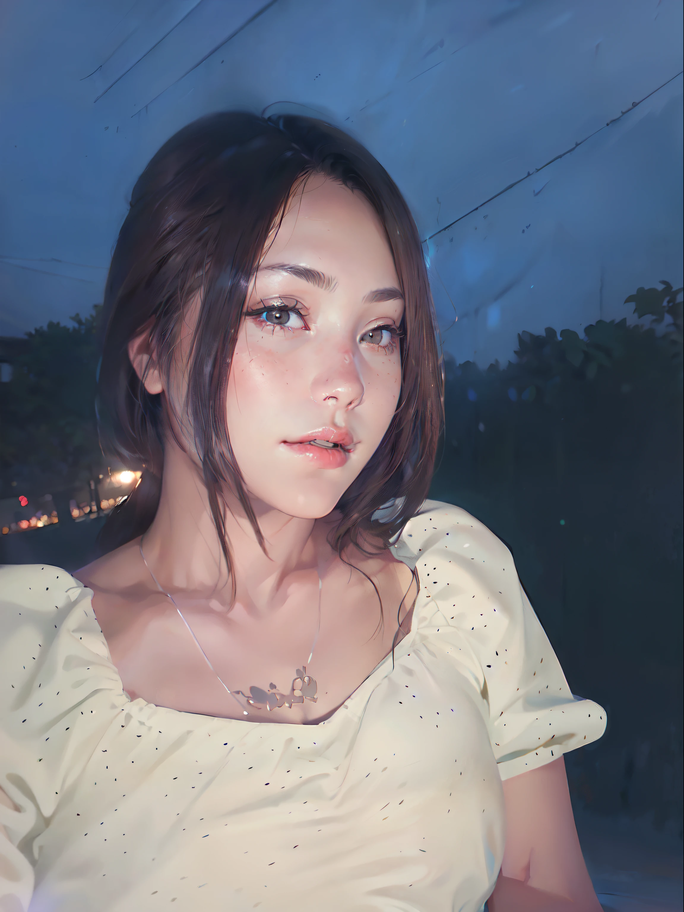 ((realistic lighting, Best quality, 8K, the masterpiece:1.3)), sharp focus:1.2, 1 girl, Beautiful women with perfect figures:1.4, Slim abs:1.1, ((dark brown hair)), (white crop top:1.4),(exteriors,at night:1.1),Sit on the inner bed,Ultra thin face,Fine, hey...
