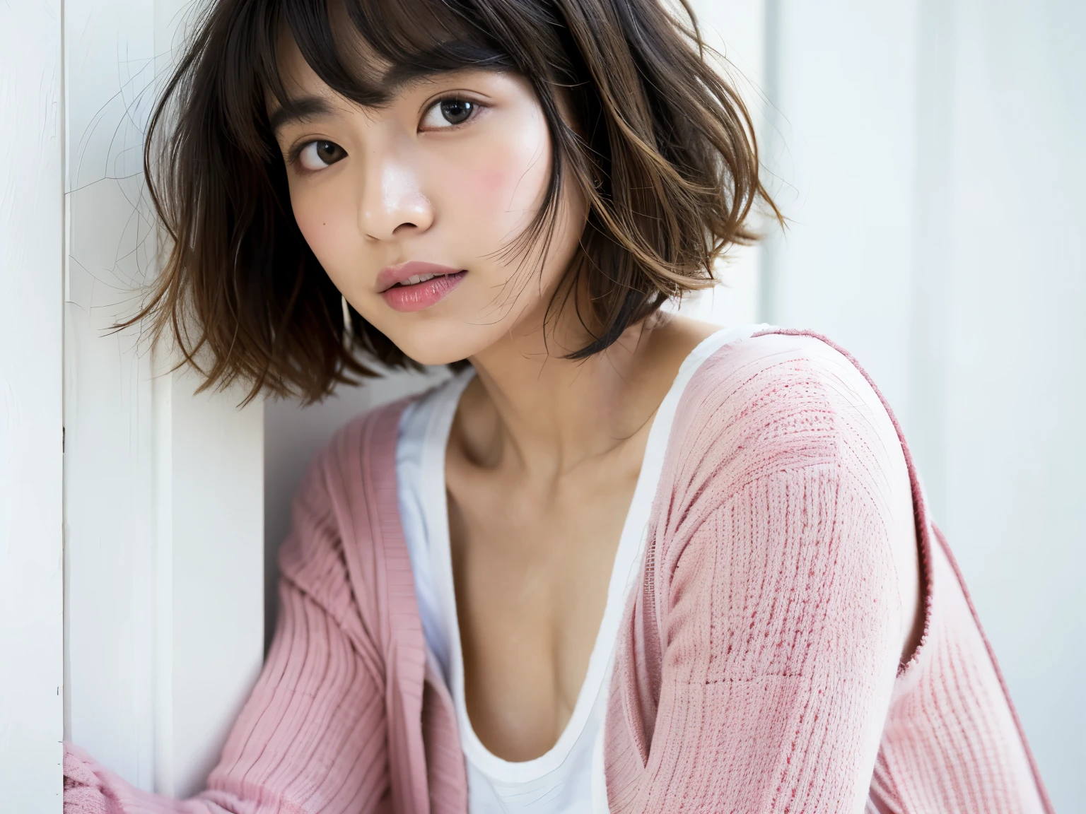 (Best quality, 8k, 32k, Masterpiece, UHD:1.2),Photo of Pretty Japanese woman, large breasts, very short bob hair,upper body,face focus,(oversized_sweater,:1.1) necklace, simple background, looking at viewer, leaning forward,