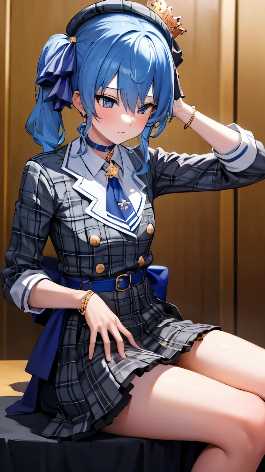 8k,best quality,masterpiece, highest quality, High resolution, SUI1, 1 girl, alone, side ponytail, hoshimachi suisei, small tit,slender, fingerless gloves, single thigh high, jewelry, single socks, thigh strap, bracelet, blue socks, button, single knee high, plaid dress, blue choker, blue belt, plaid skirt, mini crown, gray skirt, blue ascot, long sleeve, Plaid jacket, cowboy shot, perfect finger, blush, face down,（prostration） ,dogeza,