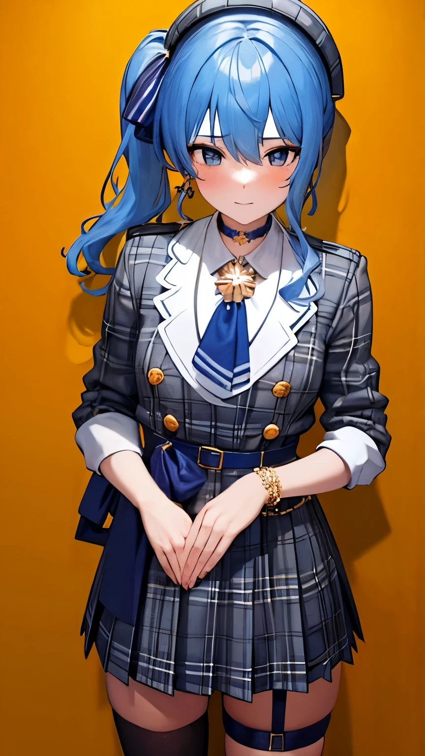 8k,best quality,masterpiece, highest quality, High resolution, SUI1, 1 girl, alone, side ponytail, hoshimachi suisei, small tit,slender, fingerless gloves, single thigh high, jewelry, single socks, thigh strap, bracelet, blue socks, button, single knee high, plaid dress, blue choker, blue belt, plaid skirt, mini crown, gray skirt, blue ascot, long sleeve, Plaid jacket, cowboy shot, perfect finger, blush, face down,（prostration） ,dogeza,