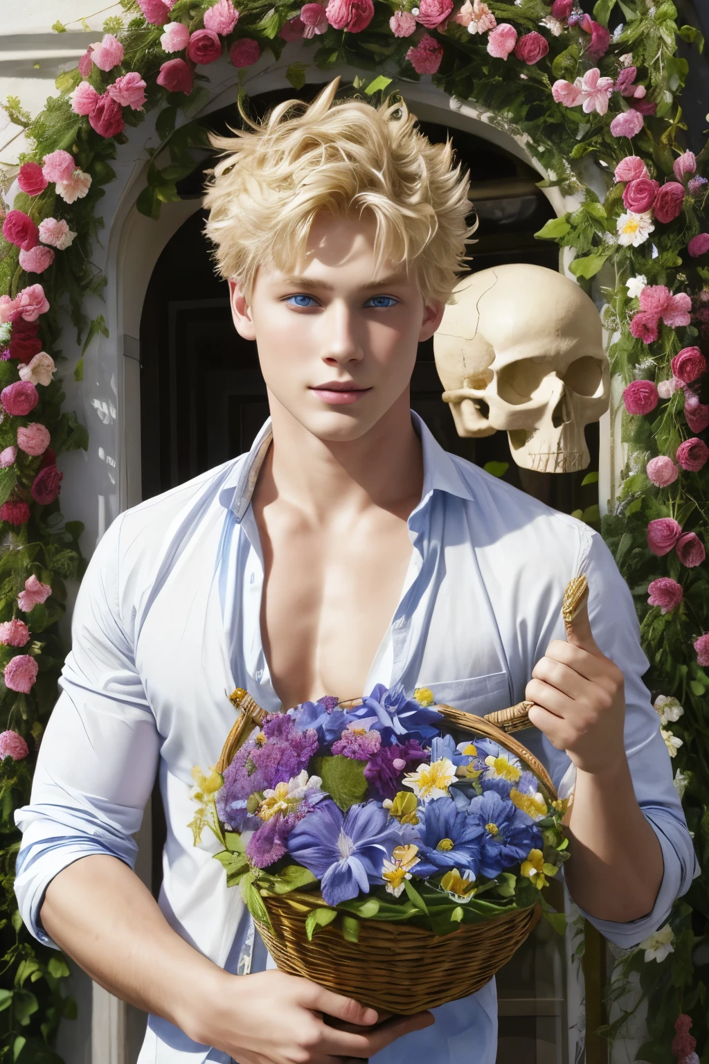 young handsome blue-eyed blond man in front of a flowery parade carrying in his hand a skull head
