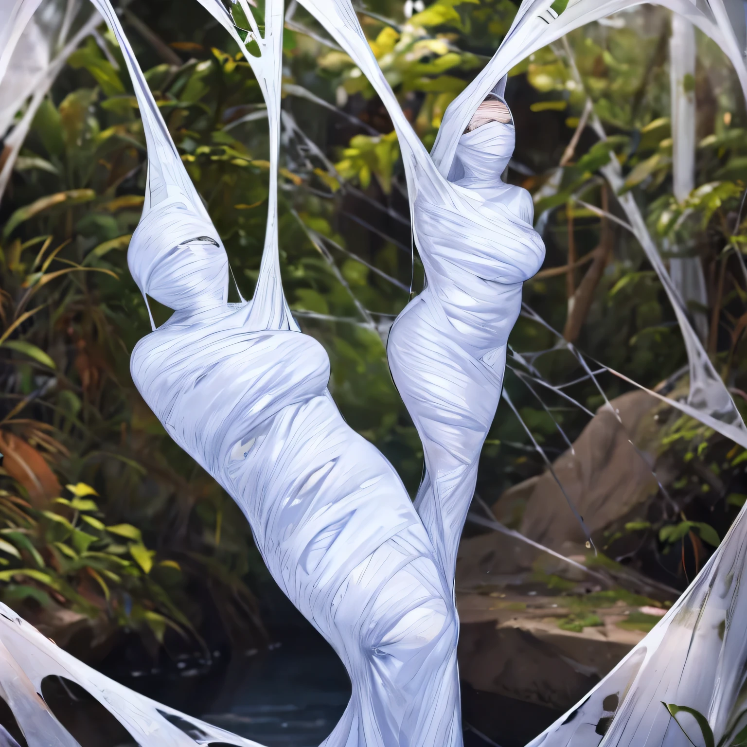 a girl entangled in the spider web, struggle, detailed classroom, (cocoon:1.3), spider web, hanging, spider in the web, spider