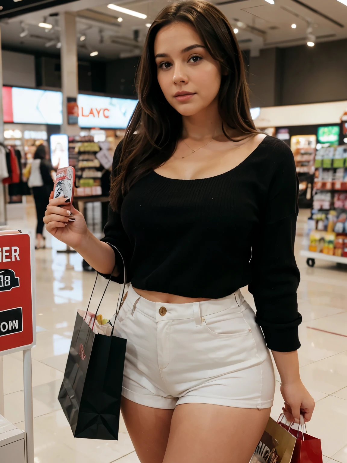 Thick brunette girl, shopping