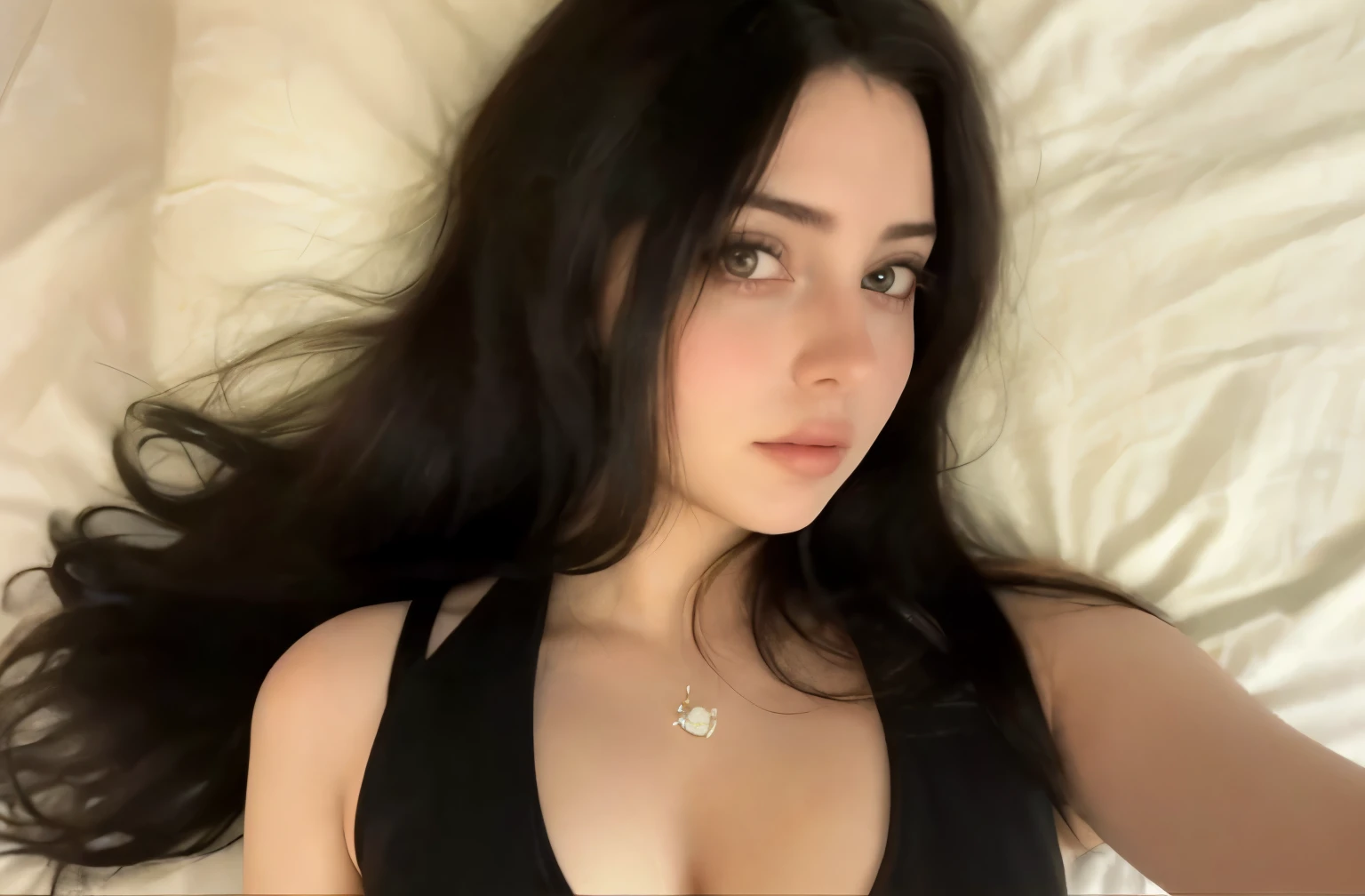um close de uma mulher deitada em uma cama com uma blusa preta, Violeta Myers, Angelawhite, ela tem cerca de 20 anos, ela tem cerca de 2 0 anos, look sexy at the camera, 18 anos de idade, ela tem cerca de 16 anos, garota persa de pele clara, she is facing the camera, 2 modelo feminino de 4 anos