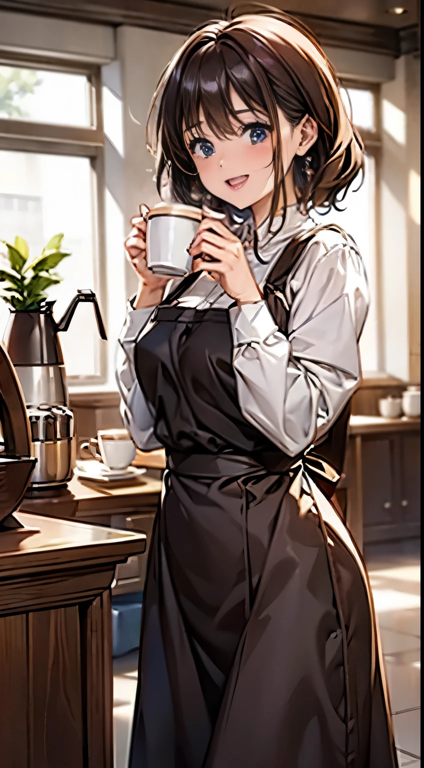 masterpiece,highest quality,Stylish western style cafe,female cafe clerk,Cafe clerk uniform,fine clothes,carry a coffee pot,laughter,Bright atmosphere in the store