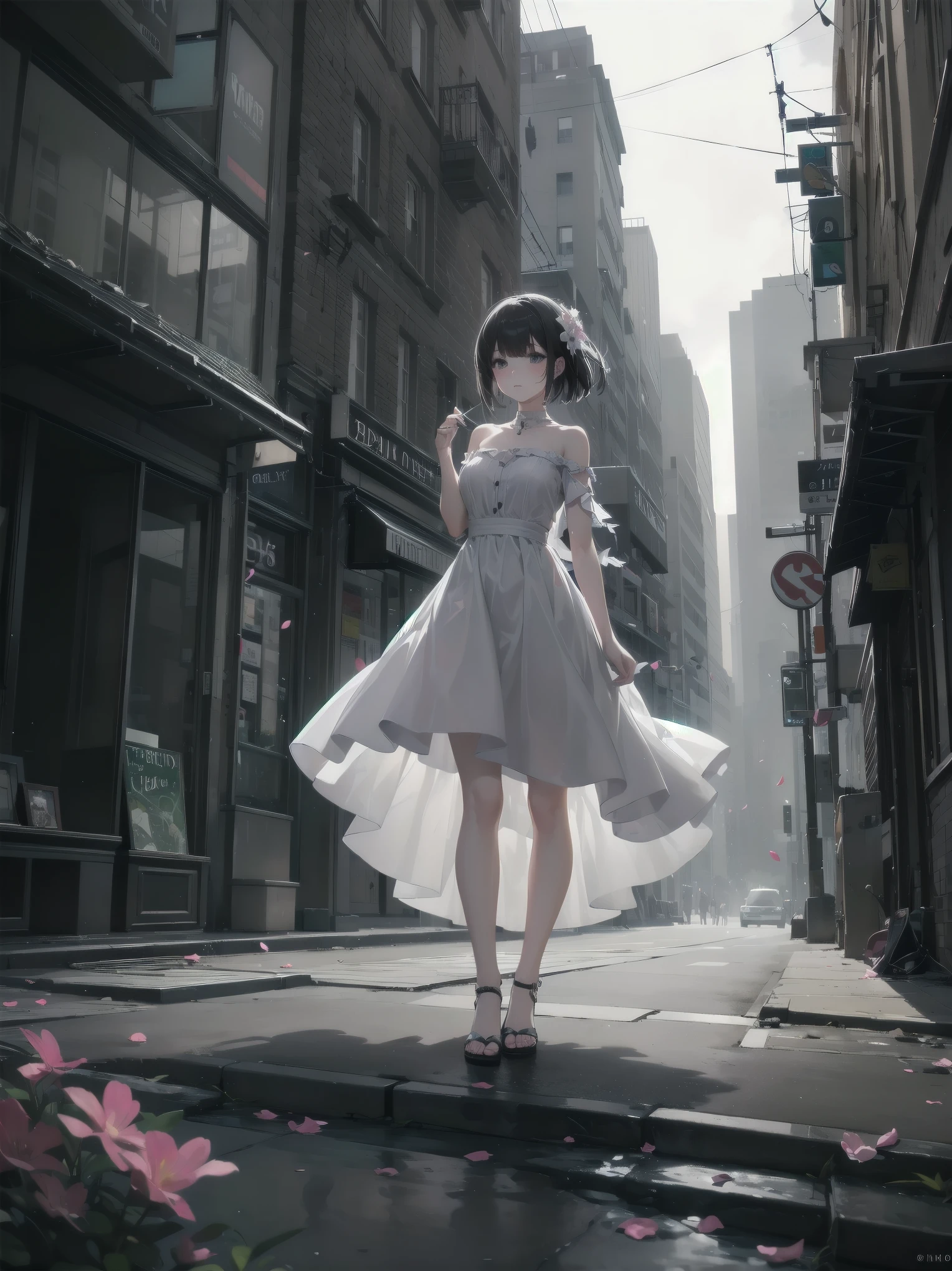 "A Delicate Flower Amidst the Urban Jungle"
Picture a fragile, graceful young girl, dressed in a simple, yet elegant white dress, standing amidst a bustling city street. She holds a delicate, porcelain-like flower in her hand, its petals gently swaying in the urban breeze. The contrast between her innocence and the rough, grimy city surroundings creates a sense of vulnerability and tension. The buildings tower above her, their harsh, angular lines and gritty textures forming a stark contrast to her soft, ethereal presence. The atmosphere is a mix of gritty realism and poignant beauty, with muted colors and a hint of melancholy.