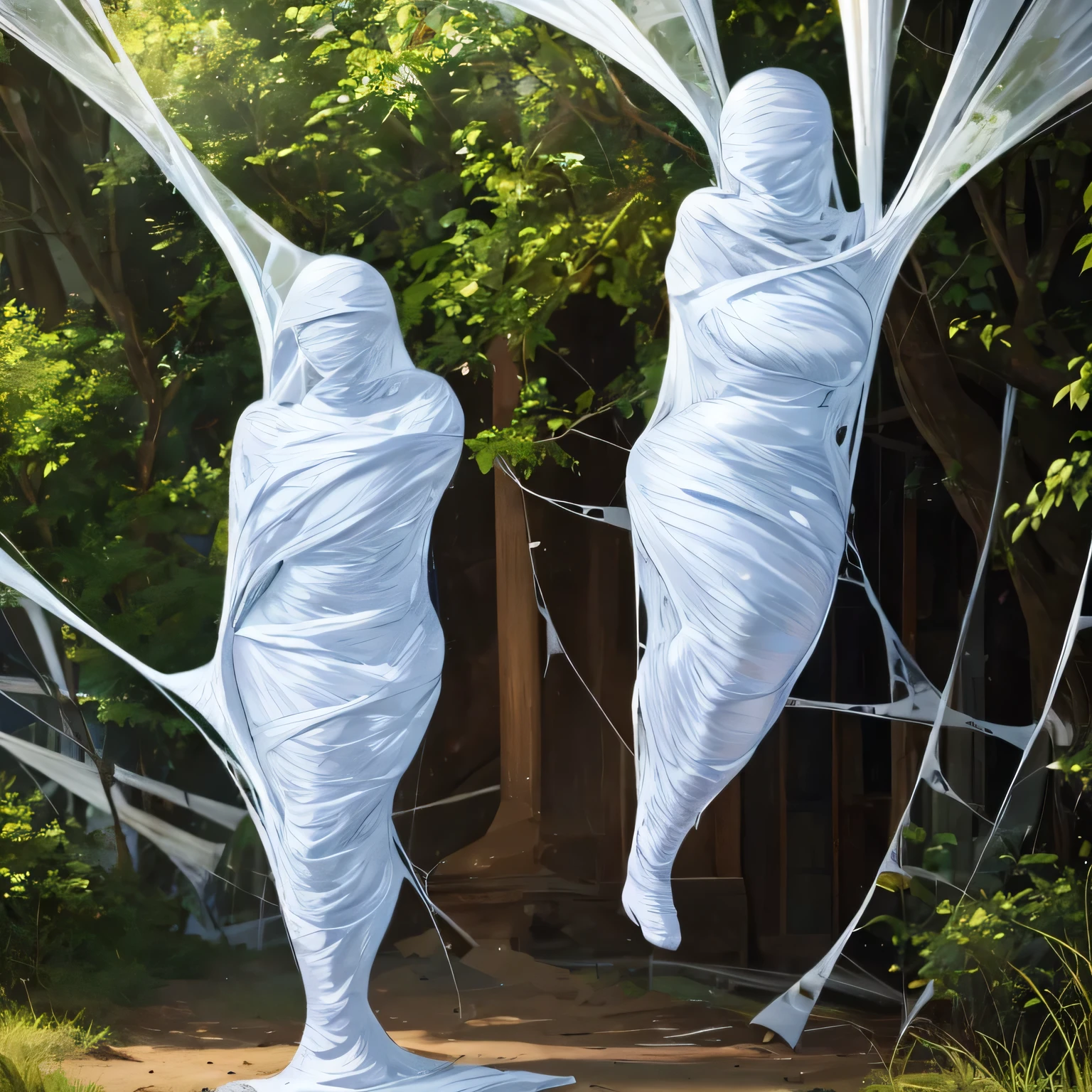 a girl entangled in the spider web, struggle, detailed classroom, (cocoon:1.3), spider web, hanging, spider in the web, spider