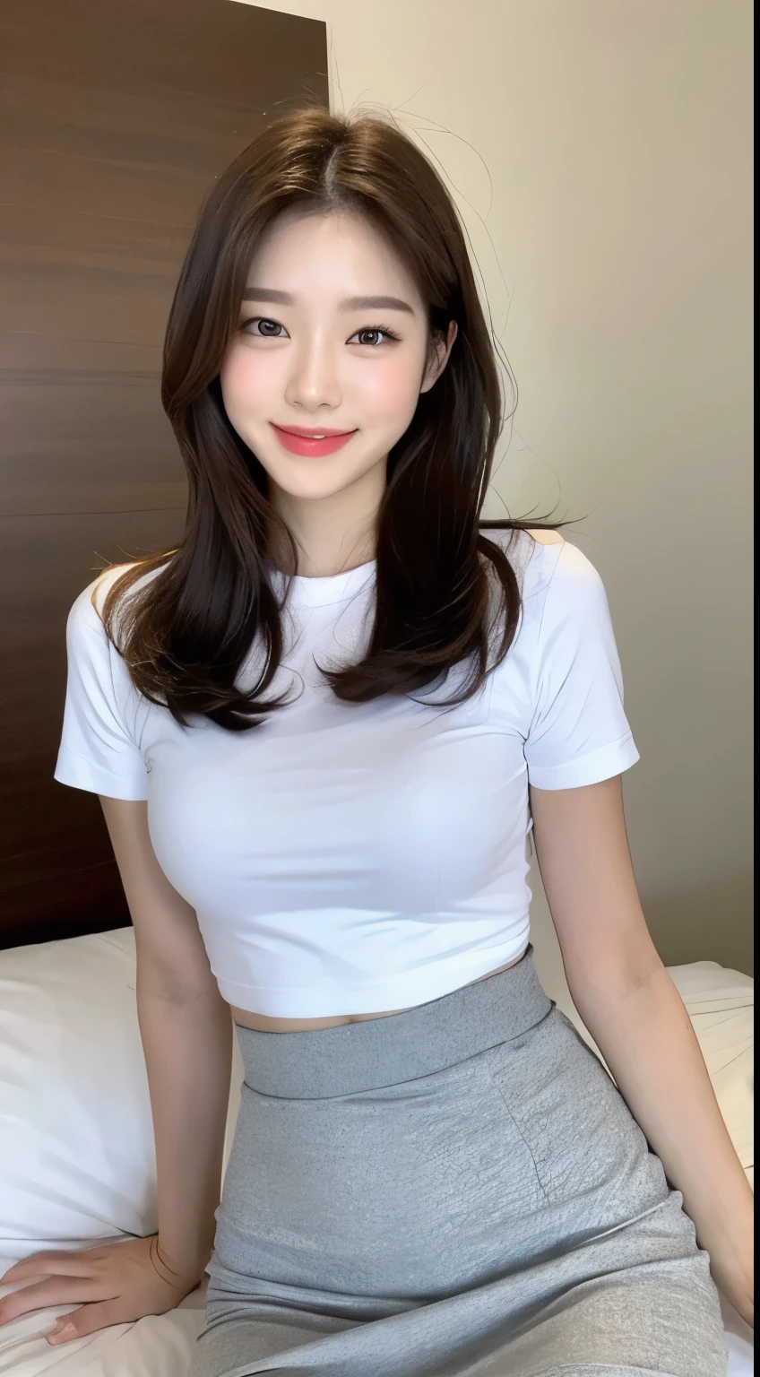 white tight shirt、white tight mini skirt、bed、smile、short sleeve、high resolution、Korean idol face