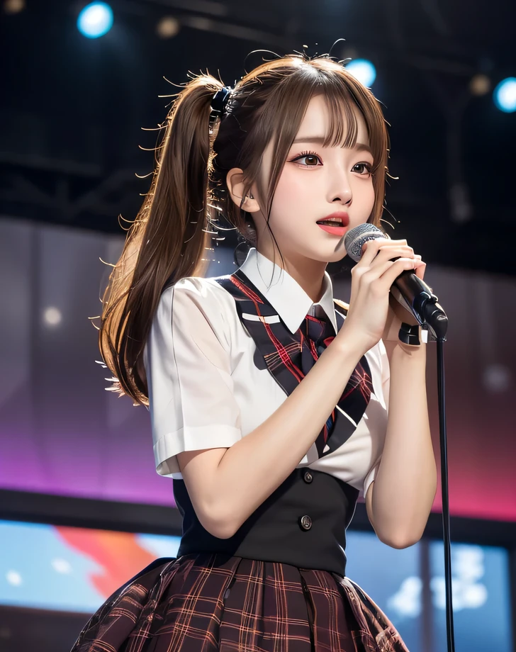 (Realistic, Photorealistic: 1.37), (masterpiece:1.3, Best Quality: 1.37), (Ultra High Resolution:1.2), (Raw photo:1.2), (Sharp Focus:1.3), (Face Focus:1.2), (Ultra detailed CG unified 8k wallpaper:1.2), (Beautiful skin:1.2), (shiny skin:1.3), (hyper-sharp focus:1.5), (Ultra Sharp Focus:1.5), (Beautiful pretty face:1.3), (The face of the Japan actress:1.3), (hyper detailed background, Detail Background: 1.3), Real Human Skin, (Detailed face), (symmetrical eyes), (detailed fingers), From below, low angles, looking down to viewer, full-body shot, BREAK, 1girl, slim, (middle breasts:1.37, show cleavage), glossy lips, make-up, Idol singer standing in the center of the stage, 
Idol singer wearing(Japanese high-school uniform :1.5), (gray tartan check ruffle skirt), kneehigh boots, choker, hair-style(twintails:1.3), idol smile, Beautiful posture, An idol singer is holding a microphone and singing, The expression of the idol singer is serious and powerful, The singer's voice is strong and beautiful, Passionate live performances of idol singers