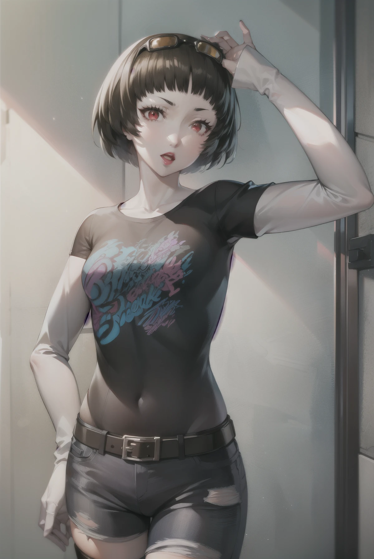 The face of makotonijima, makoto nijima, blunt bangs, brown hair, crown braid, (red eyes:1.3), solo, standing, black t-shirt, white shirt, jeans, belt, lipstick, eyewear on head,